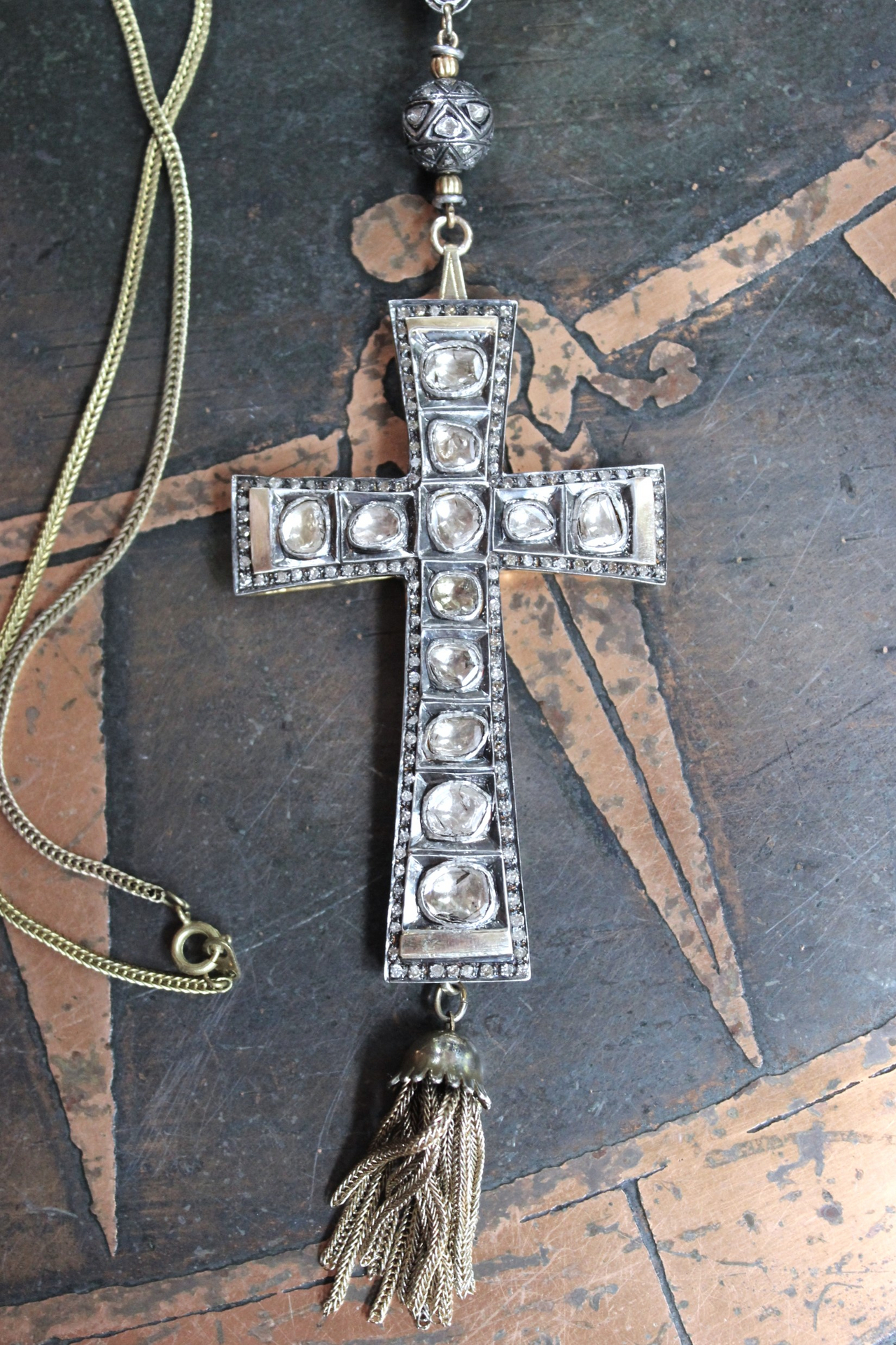 SOLD to J The God of Everyone Necklace with Gold and Silver Mughal Polki Diamond Cross, Intricate Center Piece and Bead, Antique Foxtail Chain & Tassel
