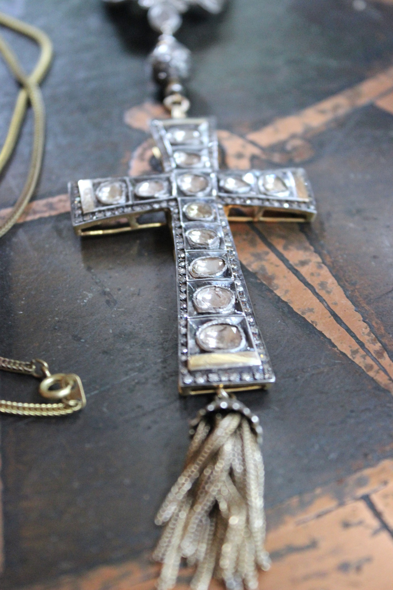 SOLD to J The God of Everyone Necklace with Gold and Silver Mughal Polki Diamond Cross, Intricate Center Piece and Bead, Antique Foxtail Chain & Tassel