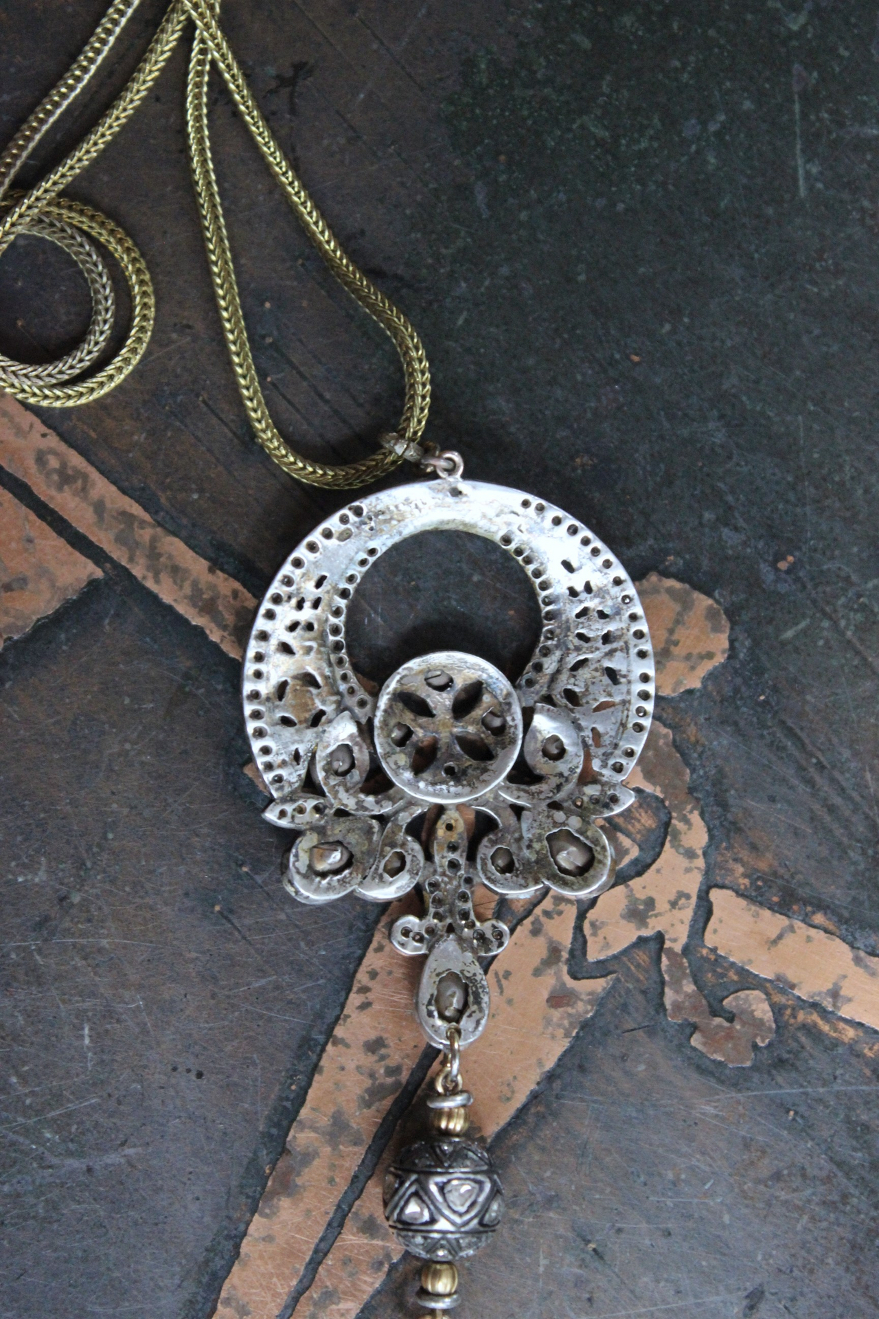 SOLD to J The God of Everyone Necklace with Gold and Silver Mughal Polki Diamond Cross, Intricate Center Piece and Bead, Antique Foxtail Chain & Tassel