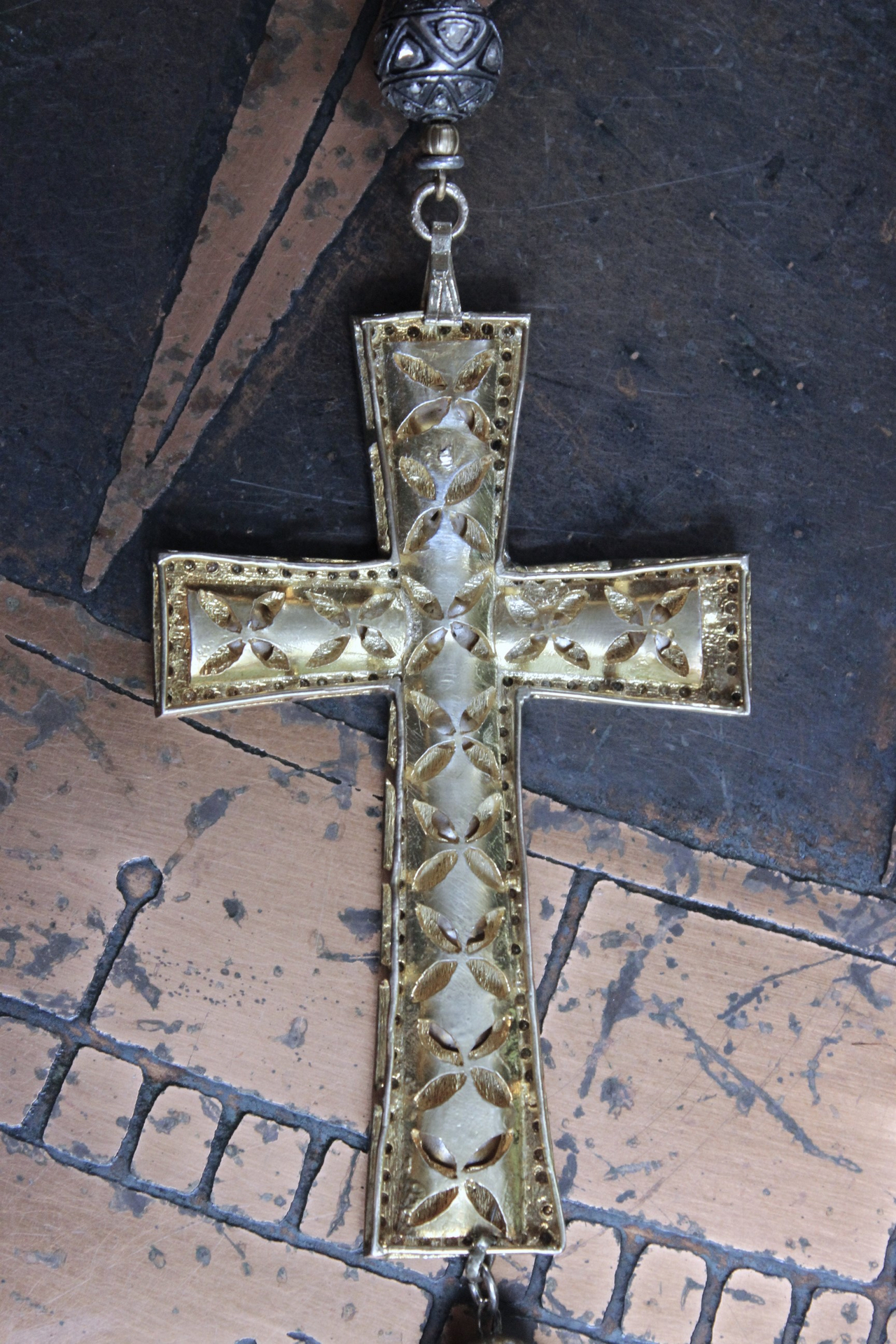 SOLD to J The God of Everyone Necklace with Gold and Silver Mughal Polki Diamond Cross, Intricate Center Piece and Bead, Antique Foxtail Chain & Tassel