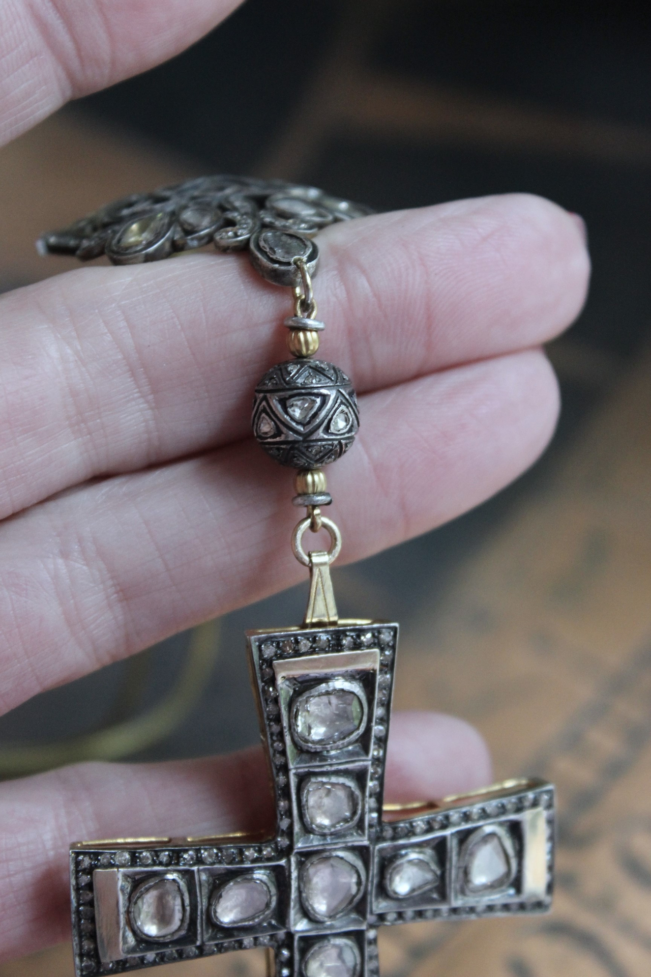 SOLD to J The God of Everyone Necklace with Gold and Silver Mughal Polki Diamond Cross, Intricate Center Piece and Bead, Antique Foxtail Chain & Tassel