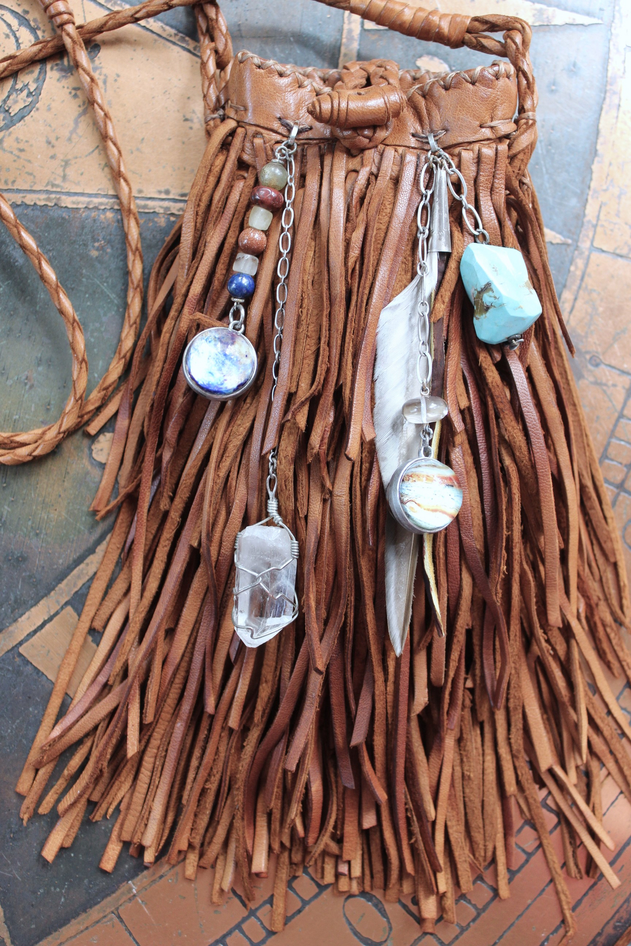 En Shalla Butter Soft Leather Cross Body Bag with Faceted Turquoise Drop,Glass Galaxy Orbs,Wire Wrapped Quartz & Feather
