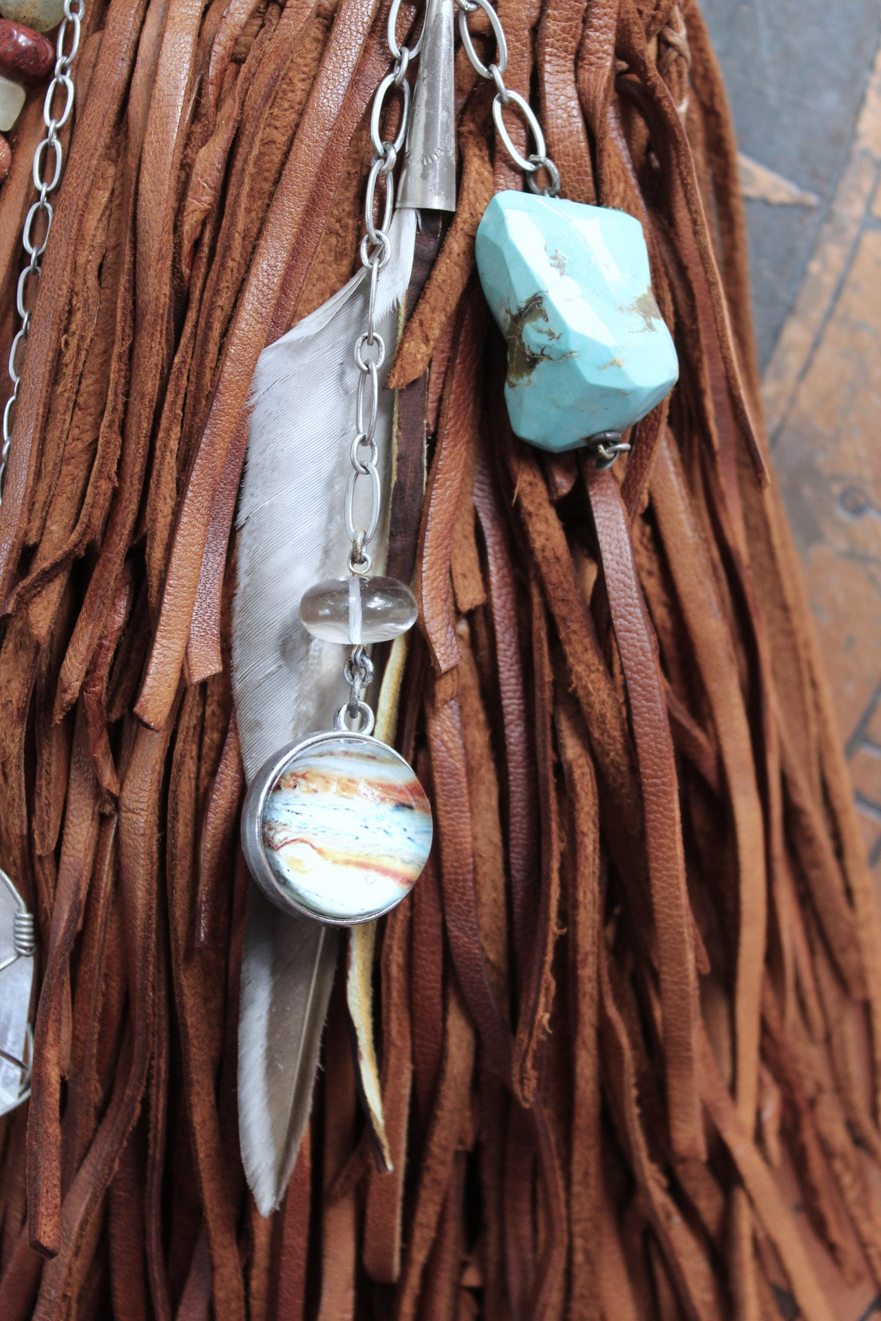 En Shalla Butter Soft Leather Cross Body Bag with Faceted Turquoise Drop,Glass Galaxy Orbs,Wire Wrapped Quartz & Feather