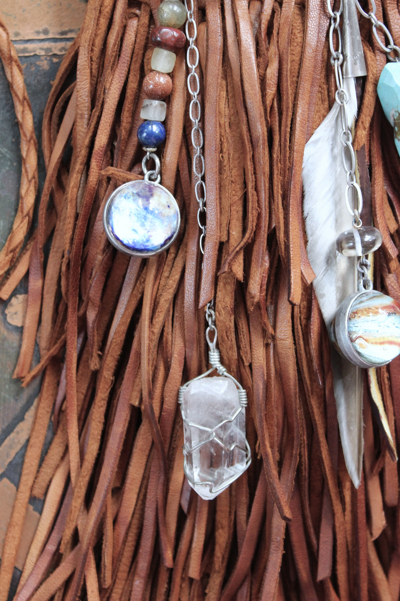 En Shalla Butter Soft Leather Cross Body Bag with Faceted Turquoise Drop,Glass Galaxy Orbs,Wire Wrapped Quartz & Feather