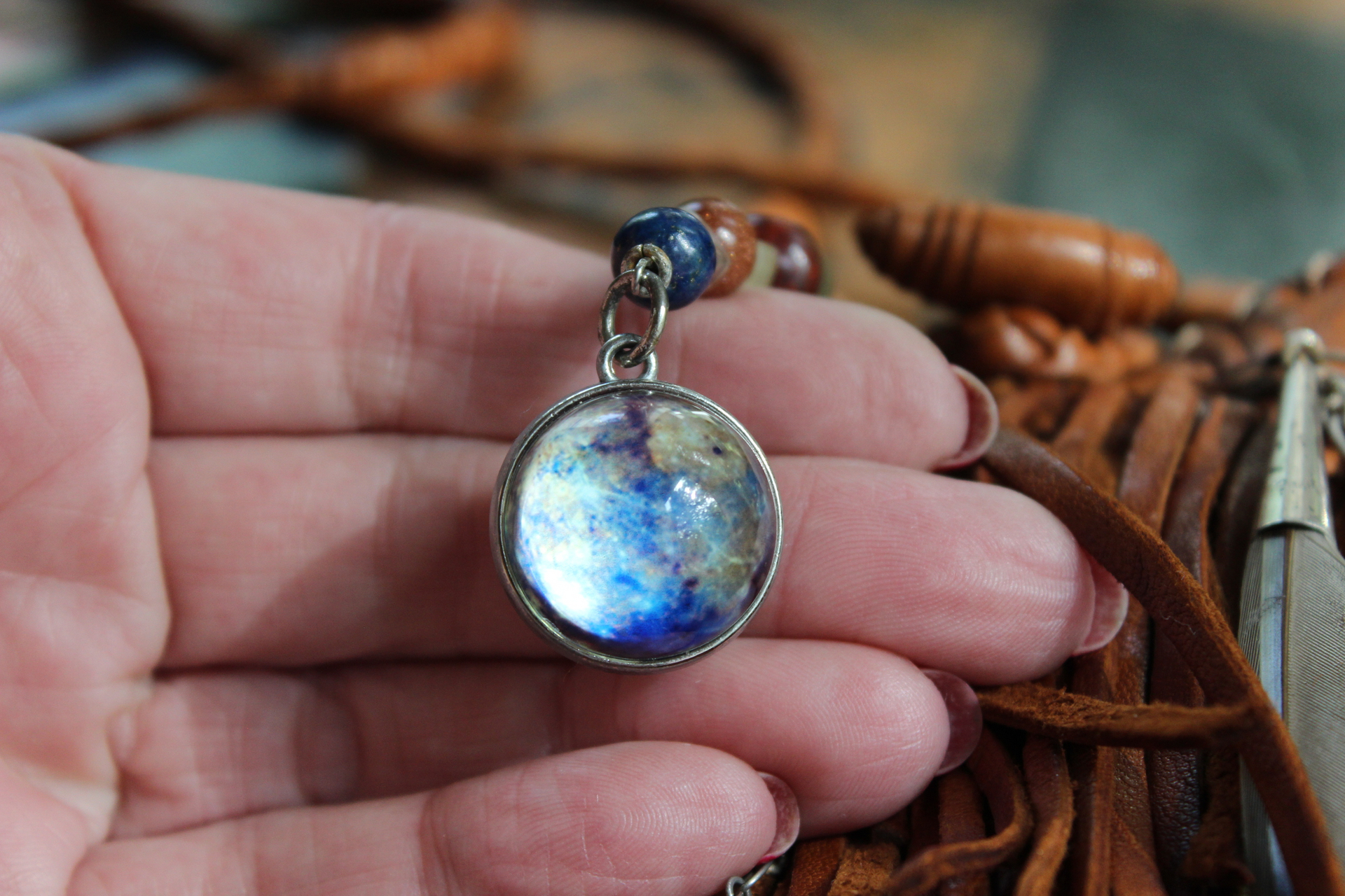 En Shalla Butter Soft Leather Cross Body Bag with Faceted Turquoise Drop,Glass Galaxy Orbs,Wire Wrapped Quartz & Feather