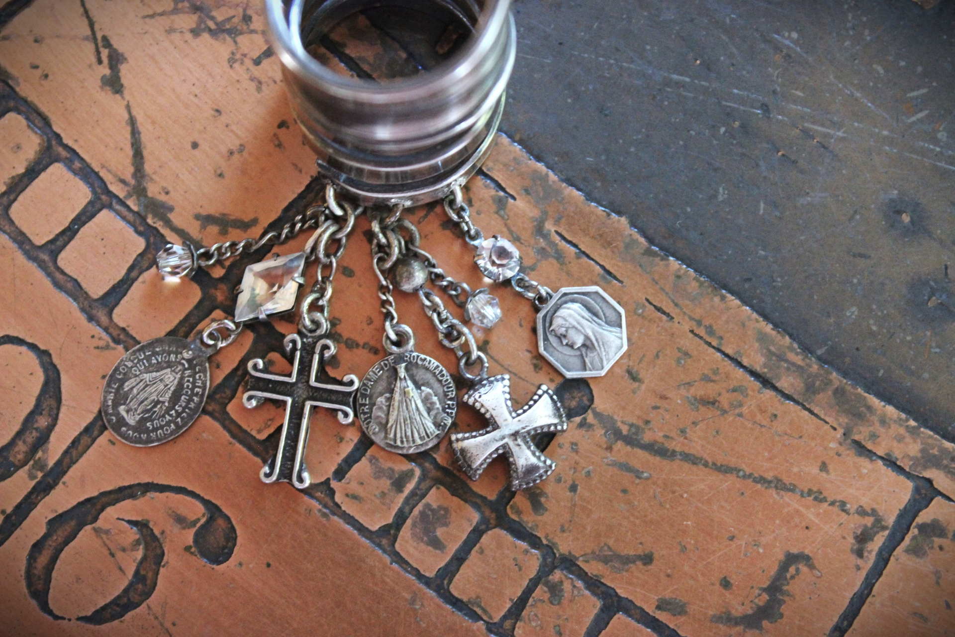 Wide Solid 999 Sterling Artisan Wrap Ring with Multiple Tiny Antique Medals, Sterling Crosses, Faceted Rock Crystal Connectors