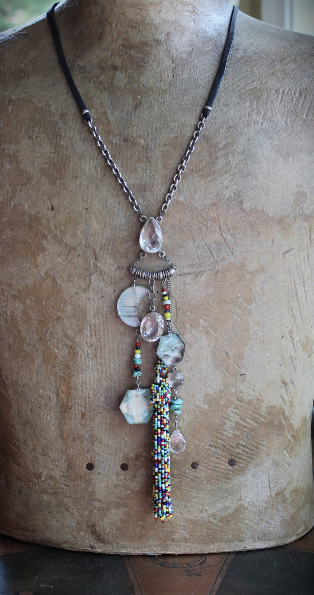 SOLD to J Endless Ocean Necklace with Faceted Rock Quartz Drops,,Sterling Bezel Set Faceted Rock Quartz, Sterling Link Chain,Multi Color Seed Bead Tassel