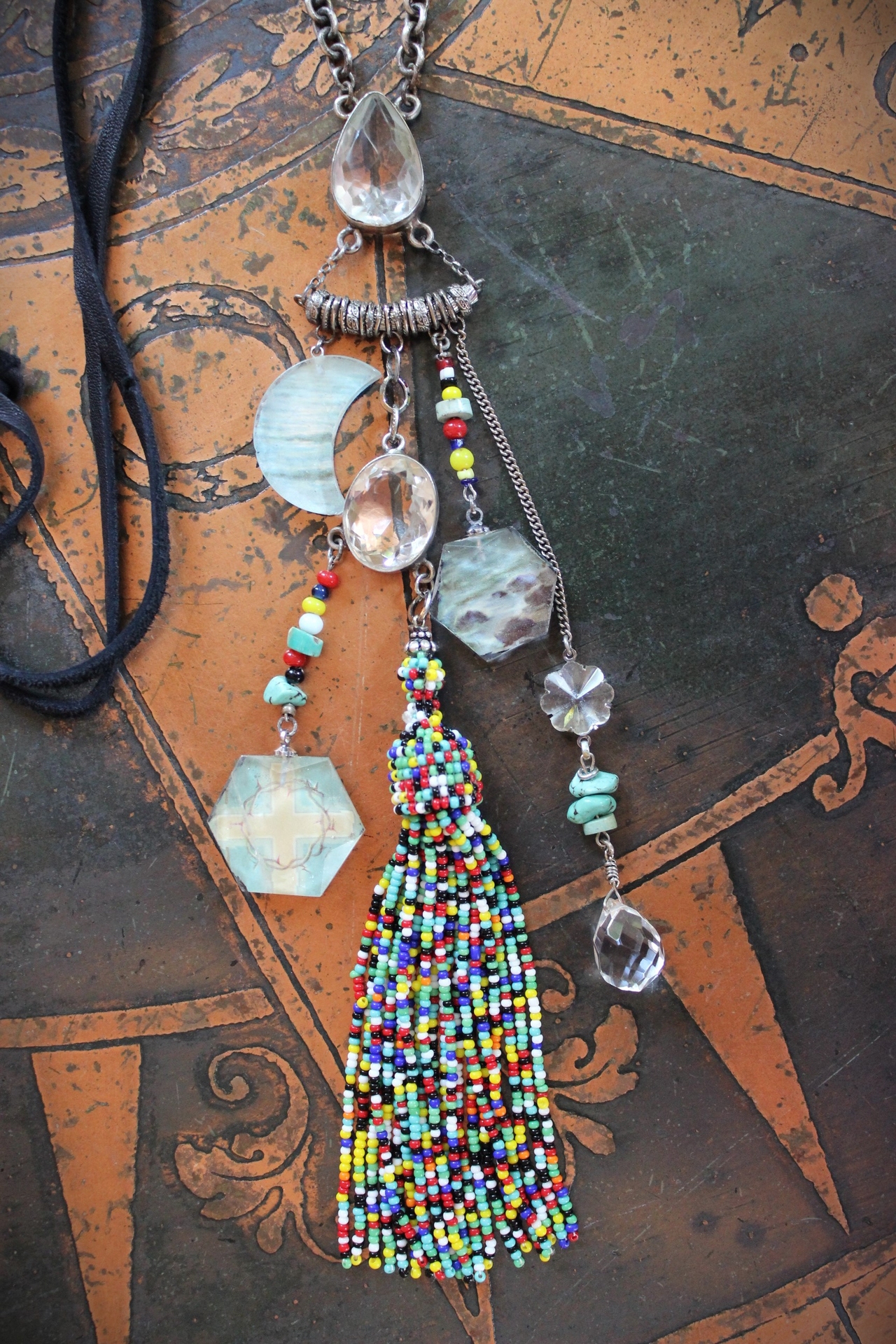 SOLD to J Endless Ocean Necklace with Faceted Rock Quartz Drops,,Sterling Bezel Set Faceted Rock Quartz, Sterling Link Chain,Multi Color Seed Bead Tassel