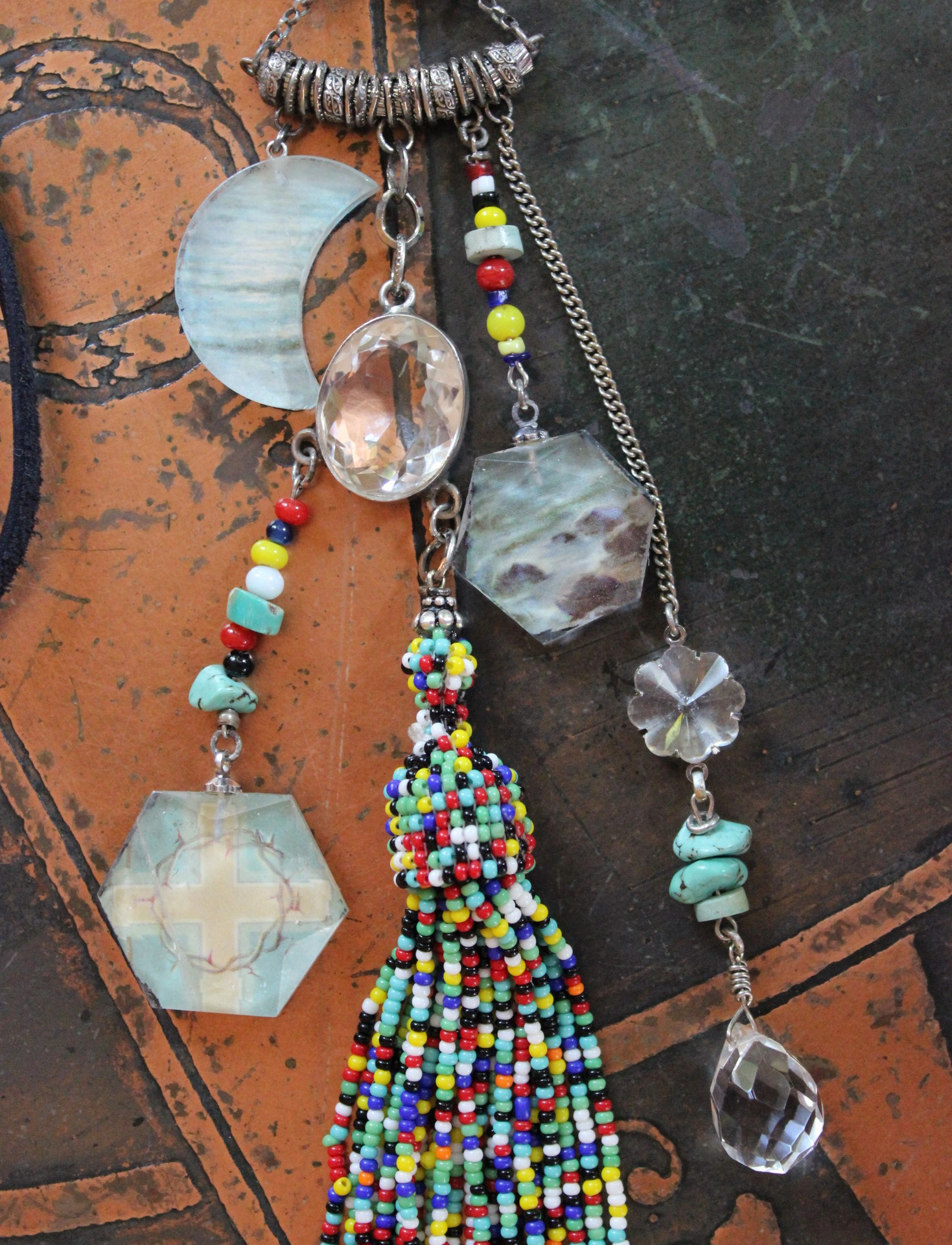 SOLD to J Endless Ocean Necklace with Faceted Rock Quartz Drops,,Sterling Bezel Set Faceted Rock Quartz, Sterling Link Chain,Multi Color Seed Bead Tassel
