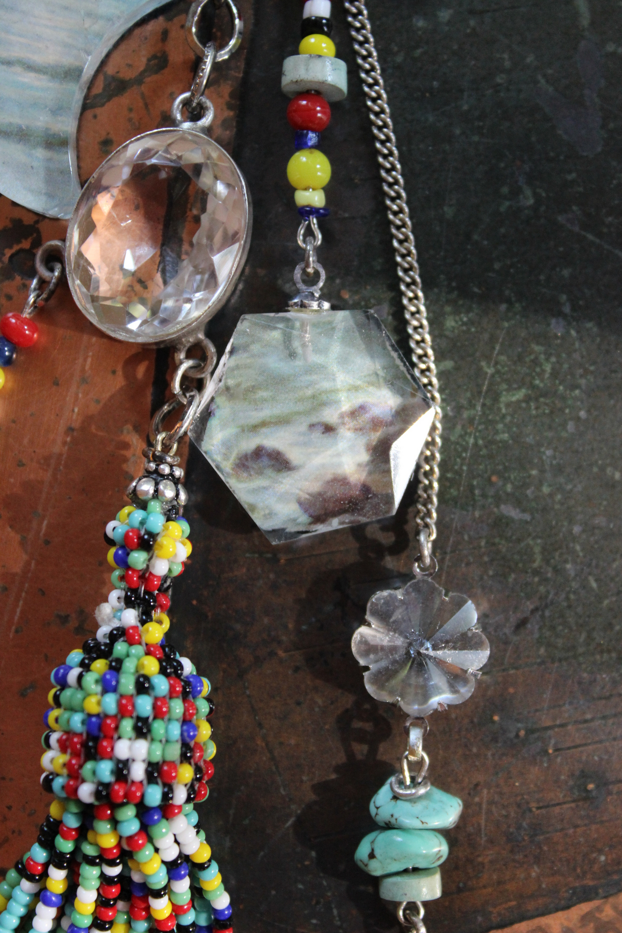 SOLD to J Endless Ocean Necklace with Faceted Rock Quartz Drops,,Sterling Bezel Set Faceted Rock Quartz, Sterling Link Chain,Multi Color Seed Bead Tassel