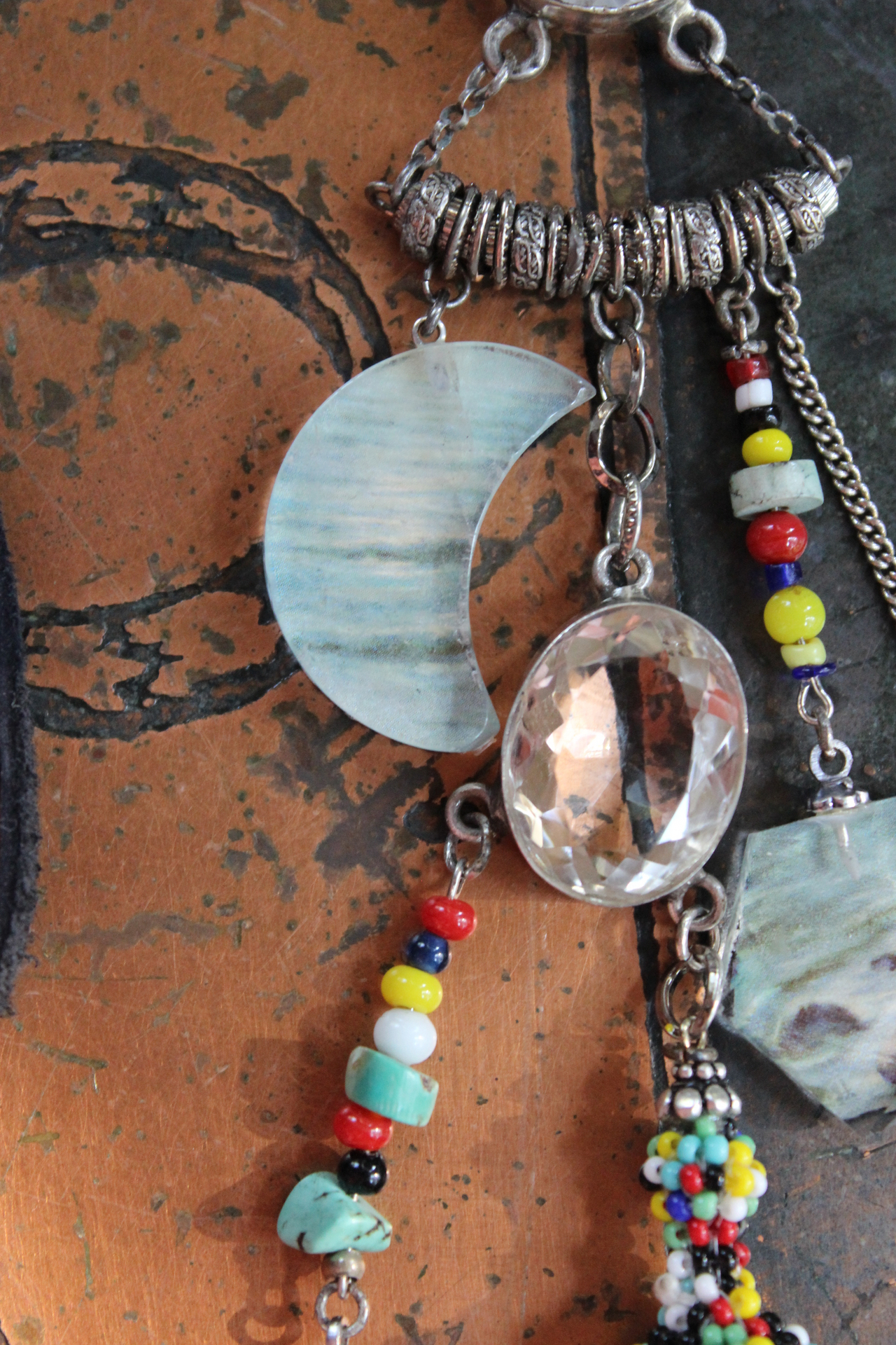 SOLD to J Endless Ocean Necklace with Faceted Rock Quartz Drops,,Sterling Bezel Set Faceted Rock Quartz, Sterling Link Chain,Multi Color Seed Bead Tassel