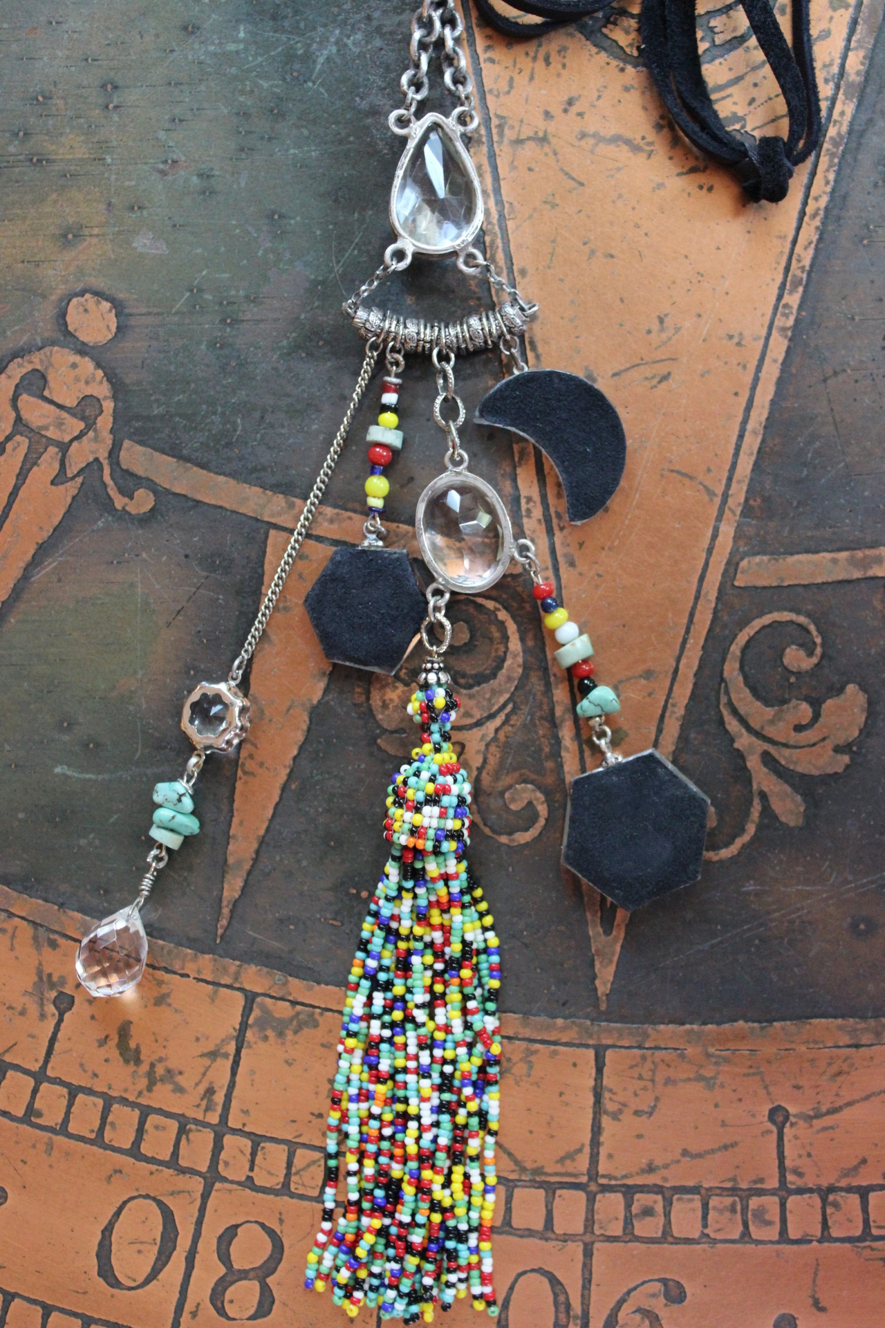 SOLD to J Endless Ocean Necklace with Faceted Rock Quartz Drops,,Sterling Bezel Set Faceted Rock Quartz, Sterling Link Chain,Multi Color Seed Bead Tassel