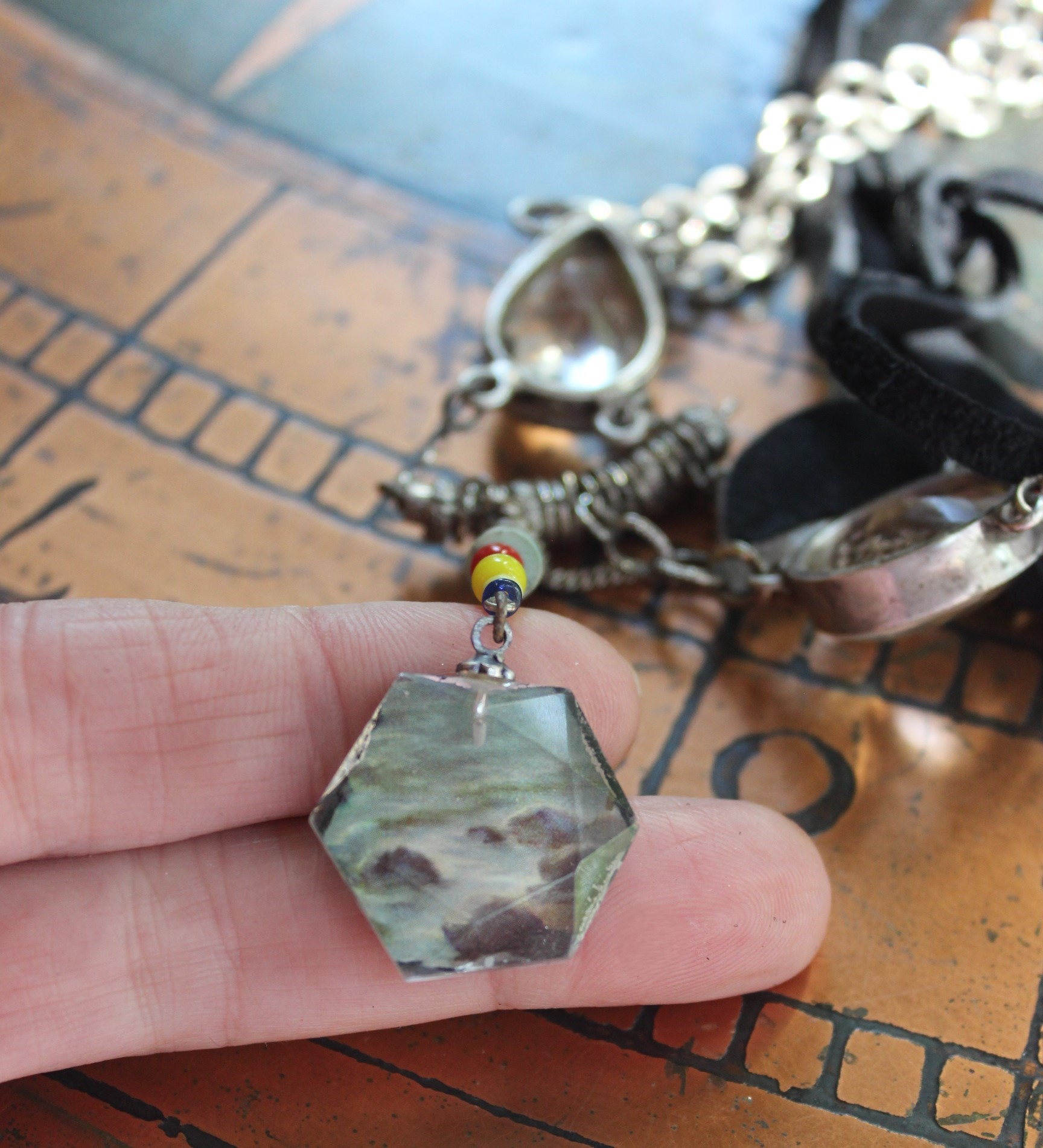 SOLD to J Endless Ocean Necklace with Faceted Rock Quartz Drops,,Sterling Bezel Set Faceted Rock Quartz, Sterling Link Chain,Multi Color Seed Bead Tassel