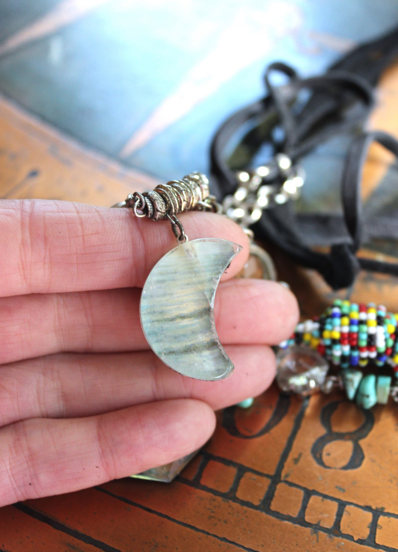 SOLD to J Endless Ocean Necklace with Faceted Rock Quartz Drops,,Sterling Bezel Set Faceted Rock Quartz, Sterling Link Chain,Multi Color Seed Bead Tassel