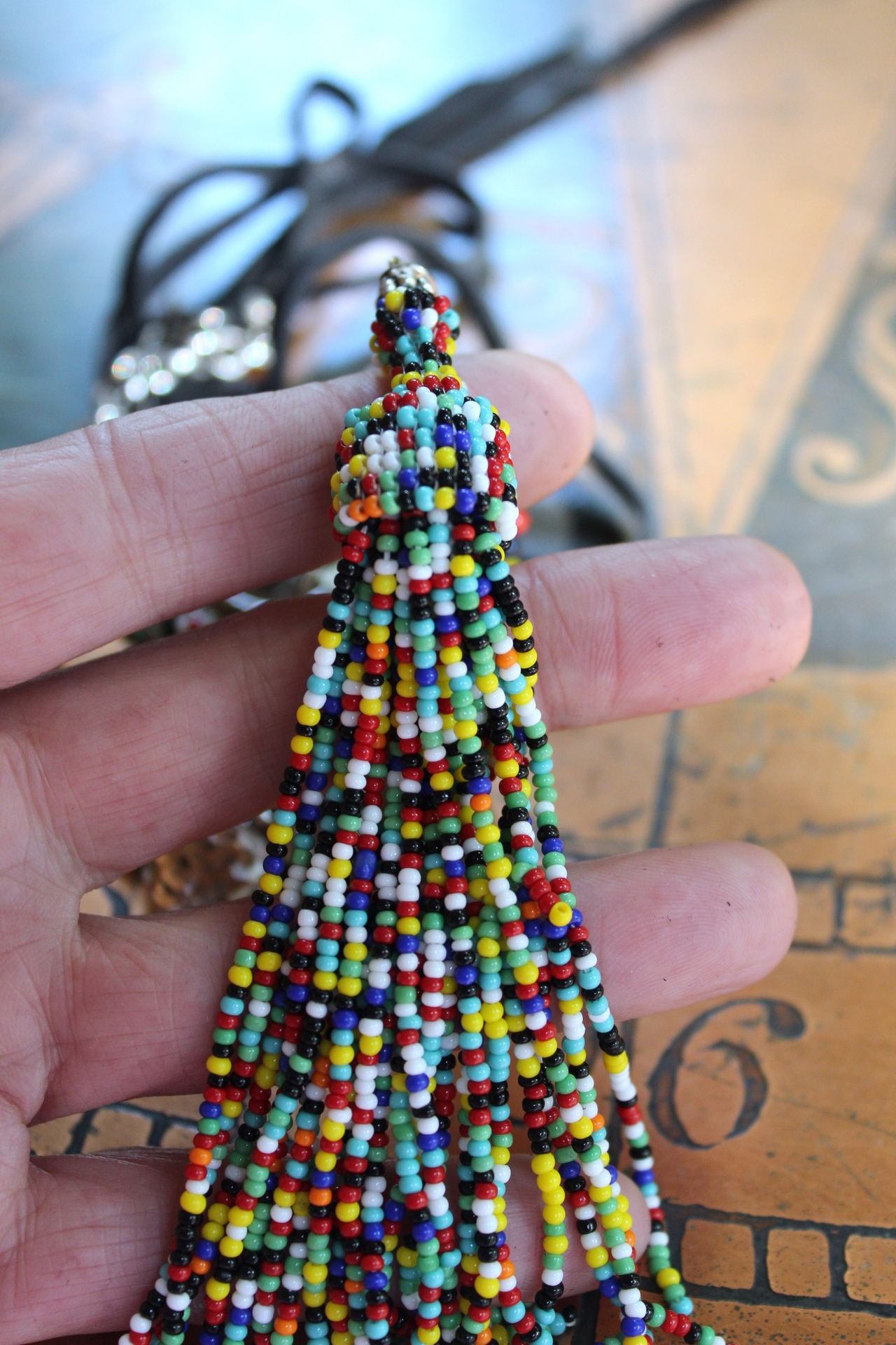 SOLD to J Endless Ocean Necklace with Faceted Rock Quartz Drops,,Sterling Bezel Set Faceted Rock Quartz, Sterling Link Chain,Multi Color Seed Bead Tassel