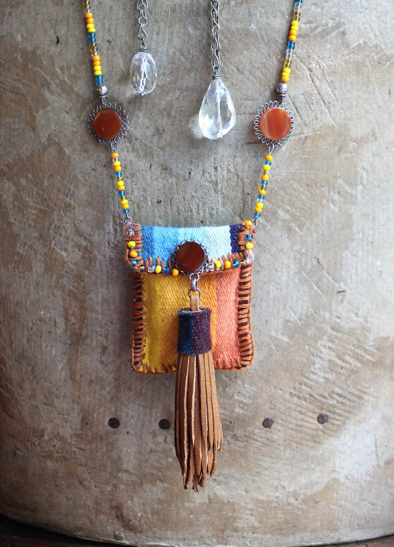 How you Shine Necklace with Hand Stitched & Beaded Antique Serape Textile Pouch, NA Seed Bead Chain,Faceted Rock Quartz Drops,Success Stone & More!