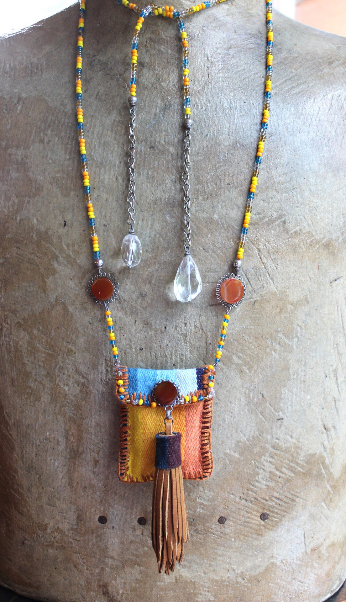 How you Shine Necklace with Hand Stitched & Beaded Antique Serape Textile Pouch, NA Seed Bead Chain,Faceted Rock Quartz Drops,Success Stone & More!