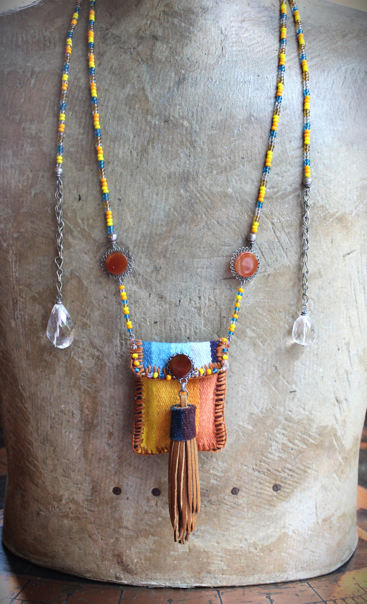 How you Shine Necklace with Hand Stitched & Beaded Antique Serape Textile Pouch, NA Seed Bead Chain,Faceted Rock Quartz Drops,Success Stone & More!