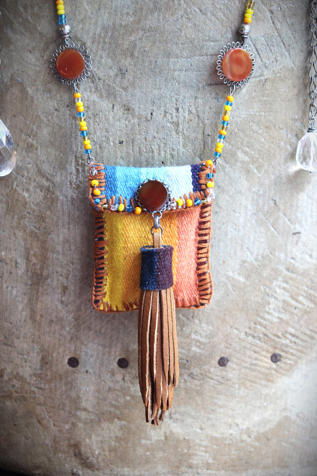 How you Shine Necklace with Hand Stitched & Beaded Antique Serape Textile Pouch, NA Seed Bead Chain,Faceted Rock Quartz Drops,Success Stone & More!