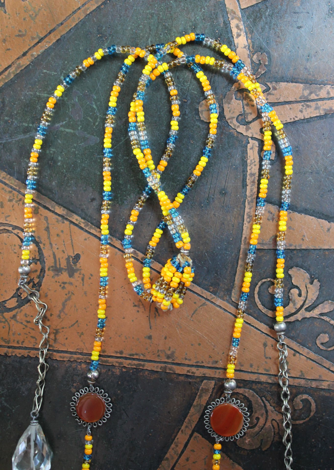 How you Shine Necklace with Hand Stitched & Beaded Antique Serape Textile Pouch, NA Seed Bead Chain,Faceted Rock Quartz Drops,Success Stone & More!