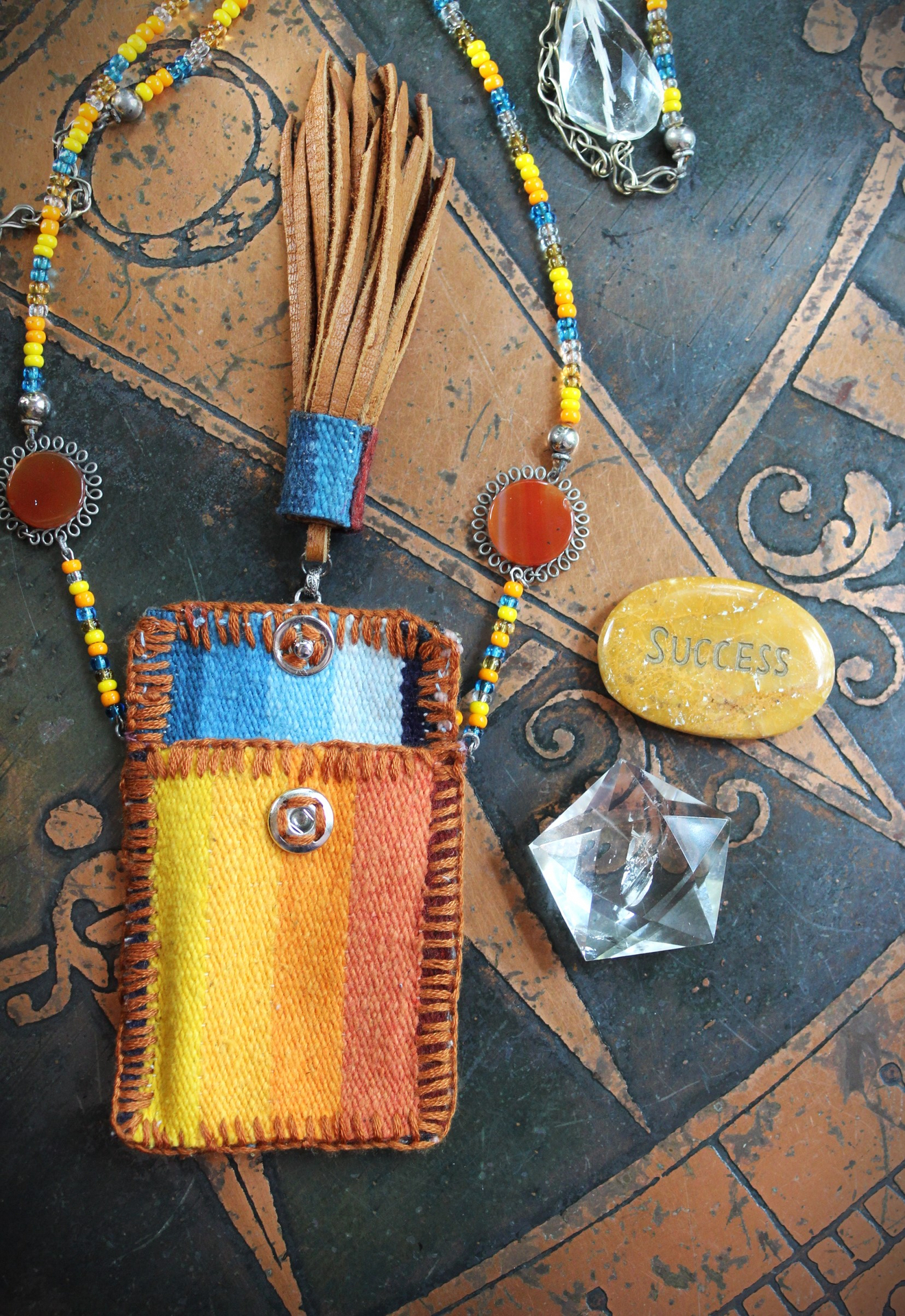 How you Shine Necklace with Hand Stitched & Beaded Antique Serape Textile Pouch, NA Seed Bead Chain,Faceted Rock Quartz Drops,Success Stone & More!