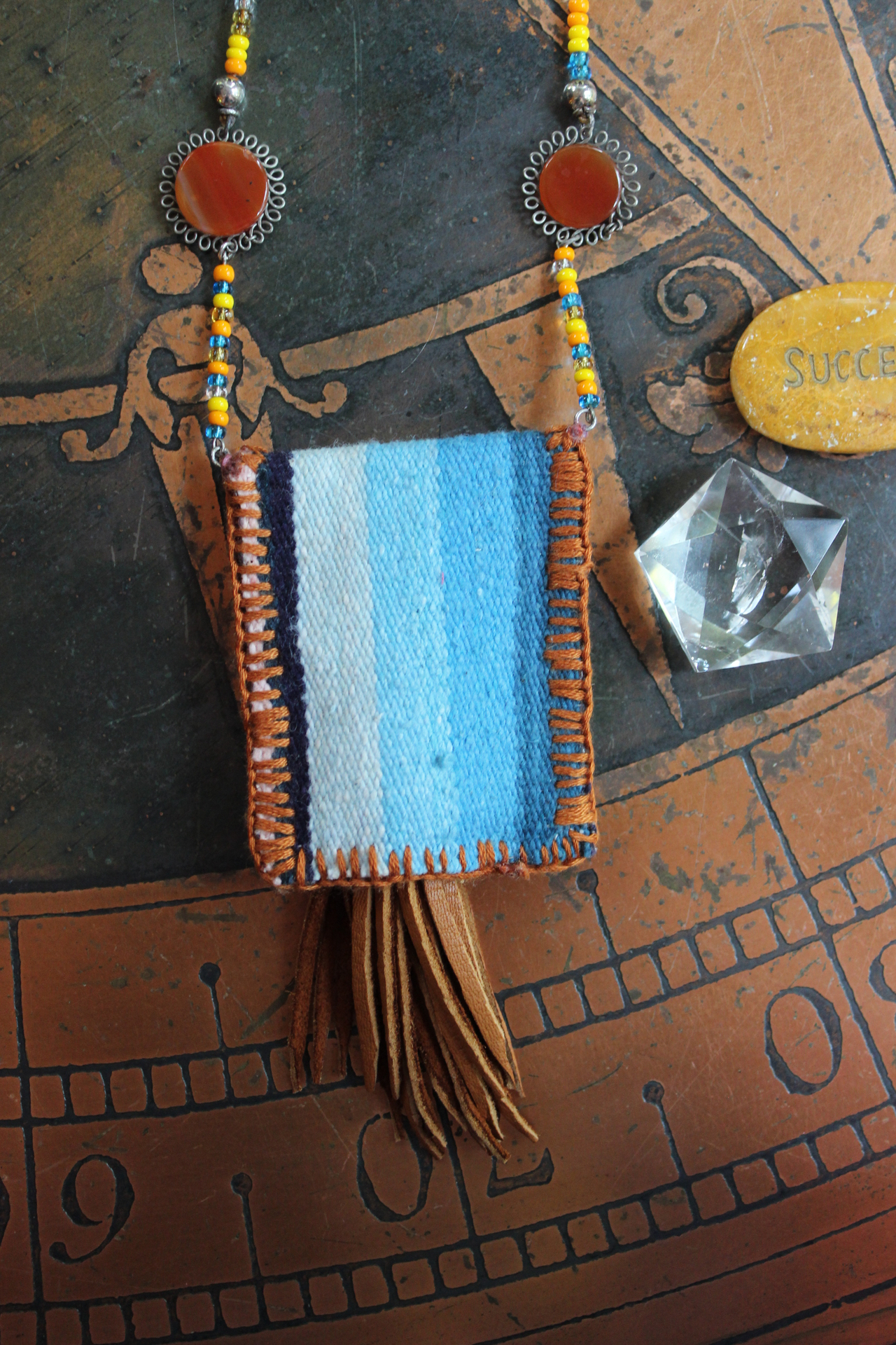 How you Shine Necklace with Hand Stitched & Beaded Antique Serape Textile Pouch, NA Seed Bead Chain,Faceted Rock Quartz Drops,Success Stone & More!