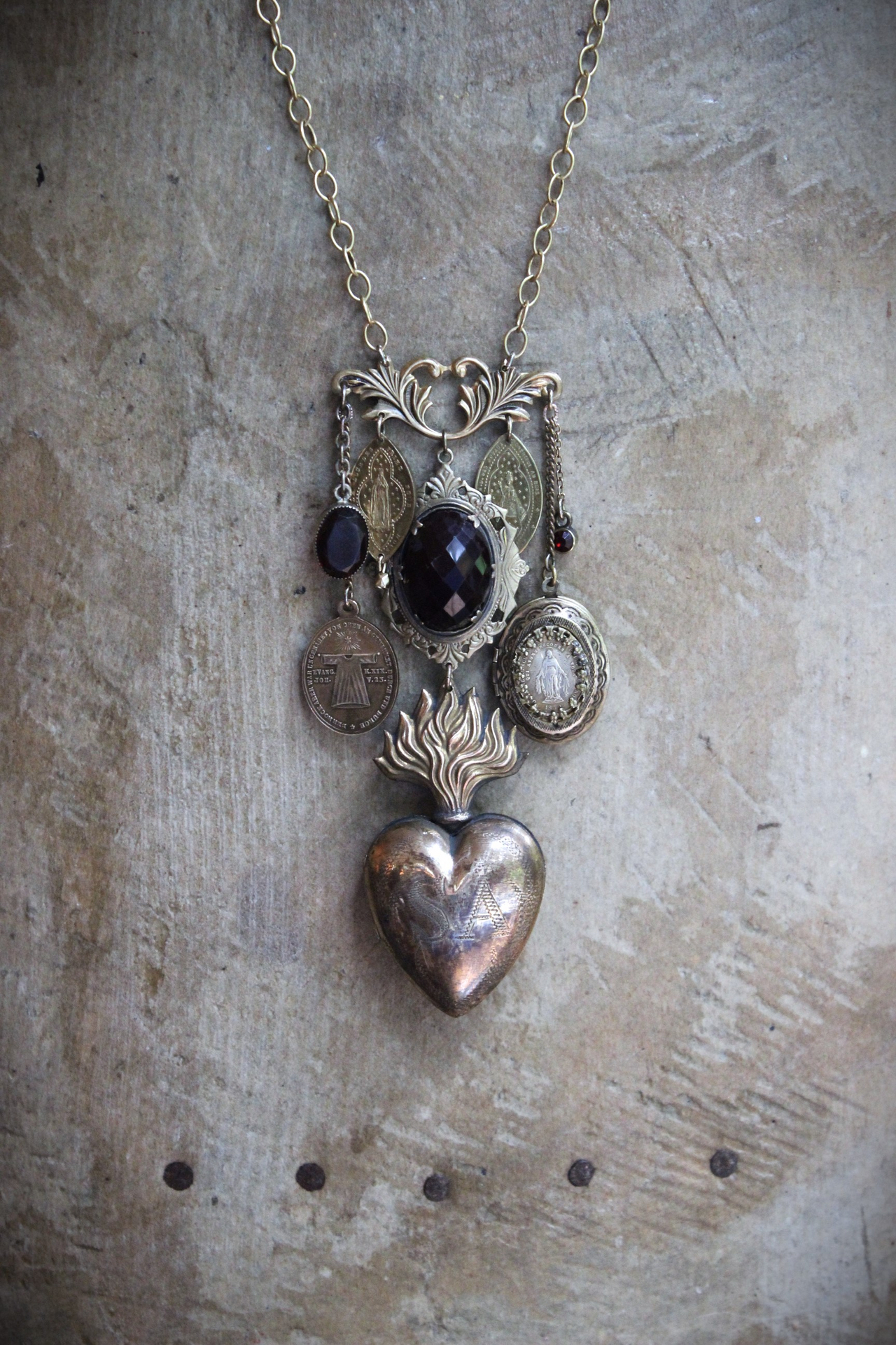 Antique Engraved Ex Voto Necklace with Amazing Faceted Blood of Christ Garnet,Marian Locket,Antique Medals & More!