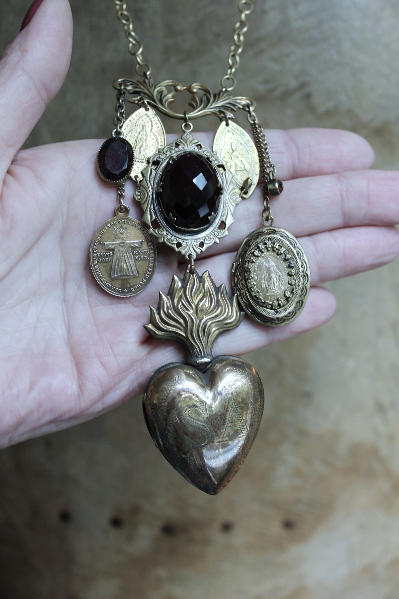 Antique Engraved Ex Voto Necklace with Amazing Faceted Blood of Christ Garnet,Marian Locket,Antique Medals & More!