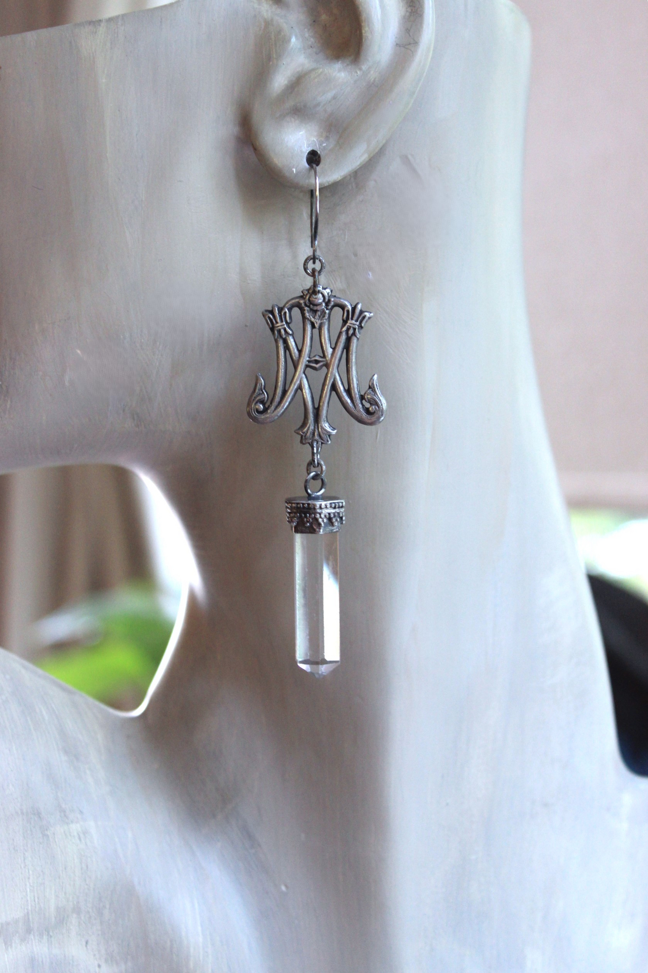 Ave Maria Earrings with Intricate Freres Brothers AM Medals,Sterling Capped Clear Quartz Points,Sterling Handwrought Earrings Hooks