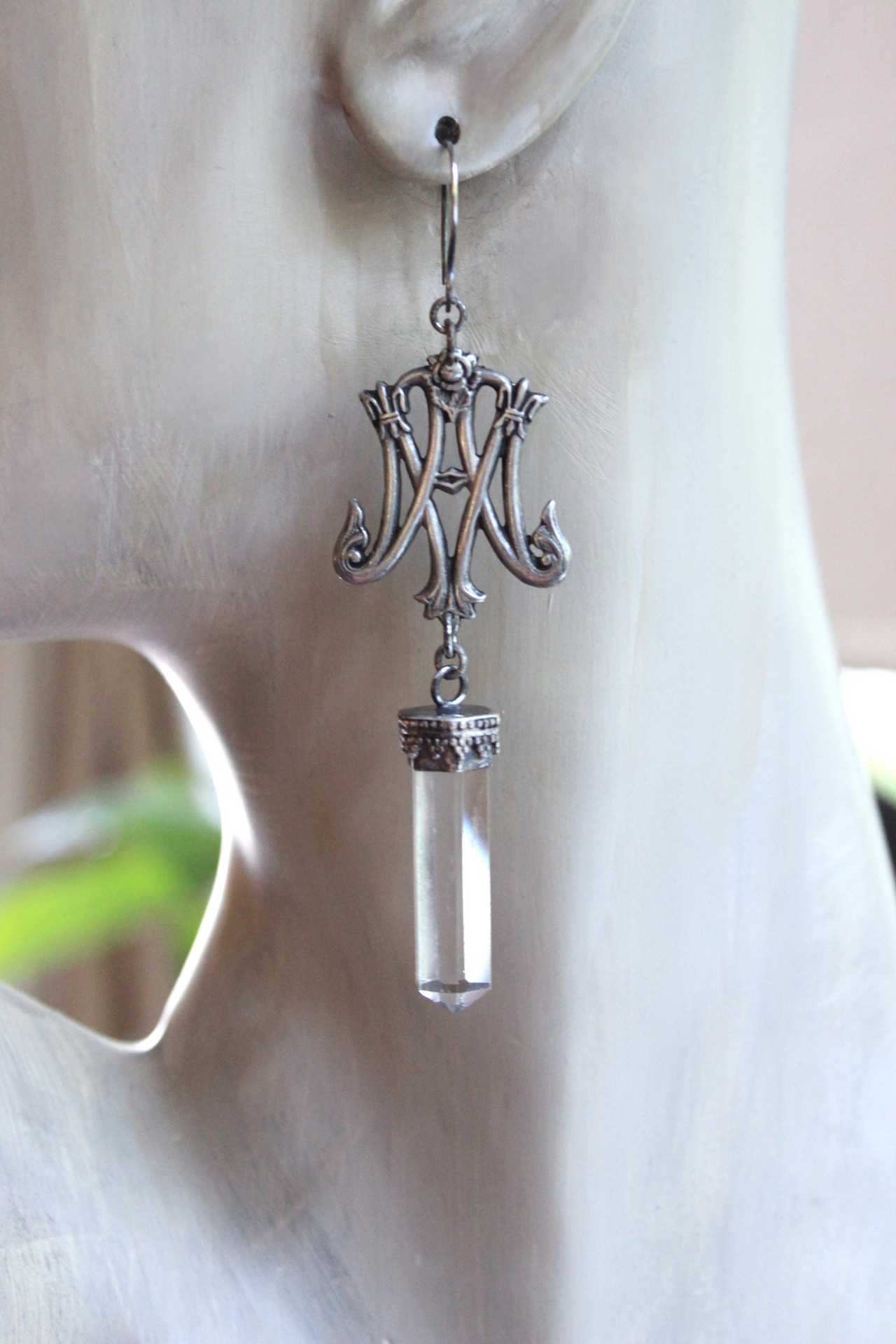 Ave Maria Earrings with Intricate Freres Brothers AM Medals,Sterling Capped Clear Quartz Points,Sterling Handwrought Earrings Hooks