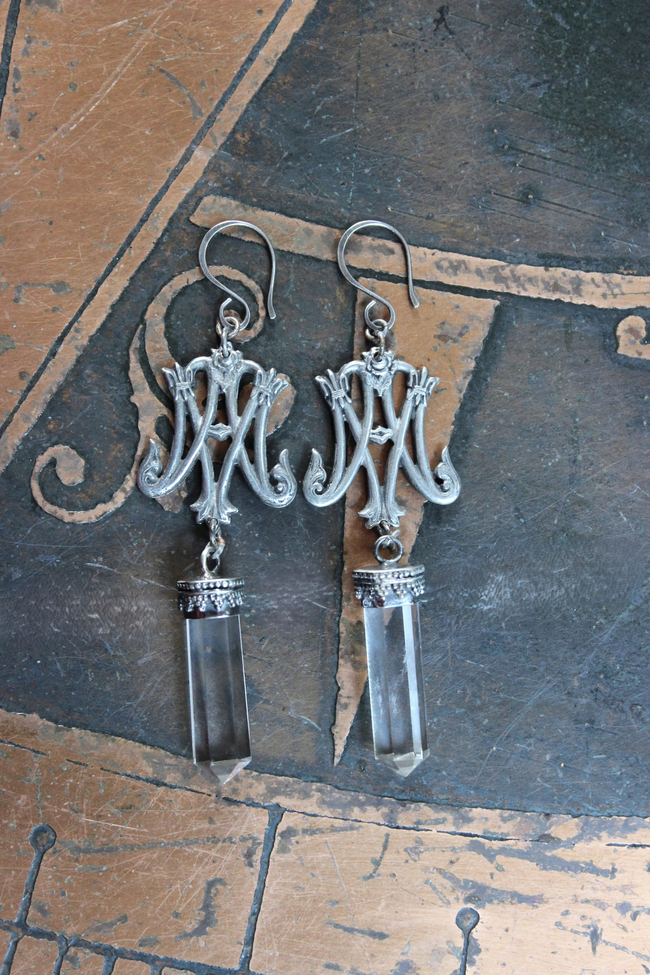 Ave Maria Earrings with Intricate Freres Brothers AM Medals,Sterling Capped Clear Quartz Points,Sterling Handwrought Earrings Hooks