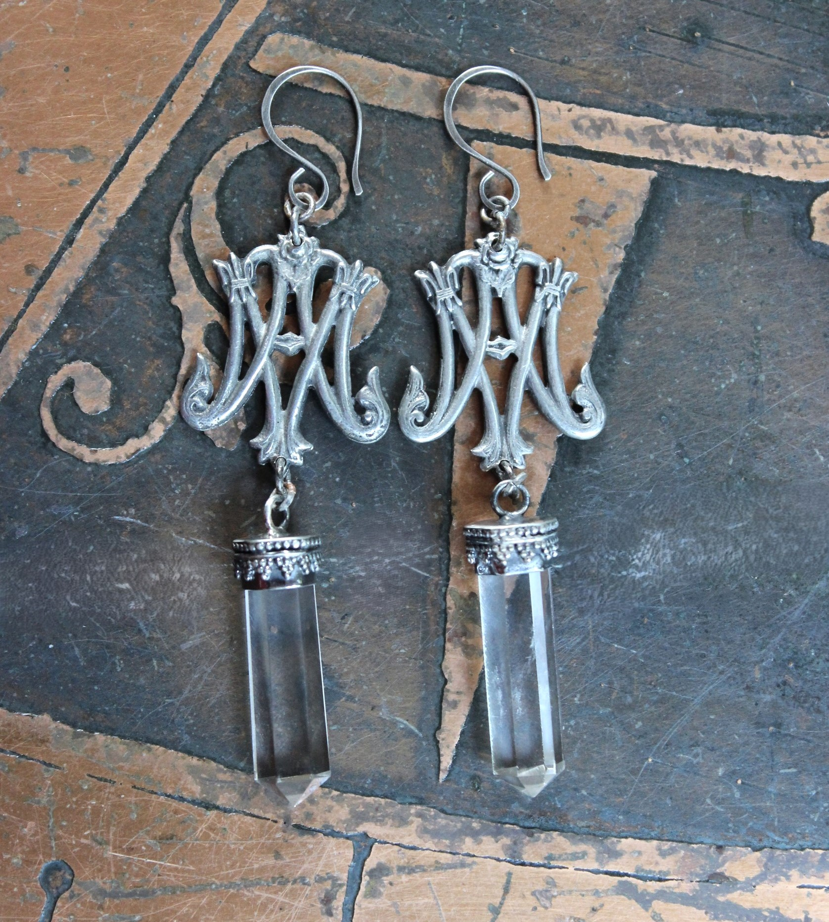 Ave Maria Earrings with Intricate Freres Brothers AM Medals,Sterling Capped Clear Quartz Points,Sterling Handwrought Earrings Hooks