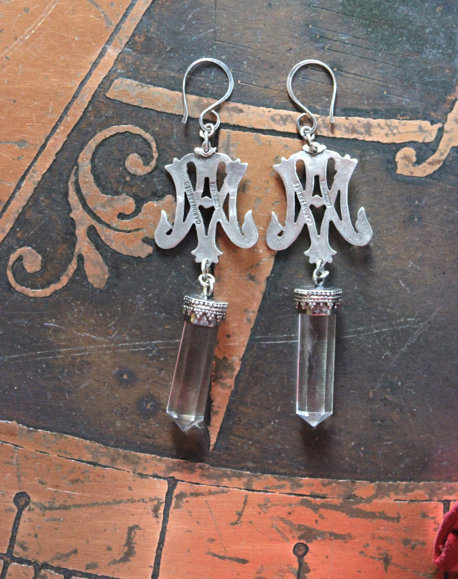 Ave Maria Earrings with Intricate Freres Brothers AM Medals,Sterling Capped Clear Quartz Points,Sterling Handwrought Earrings Hooks