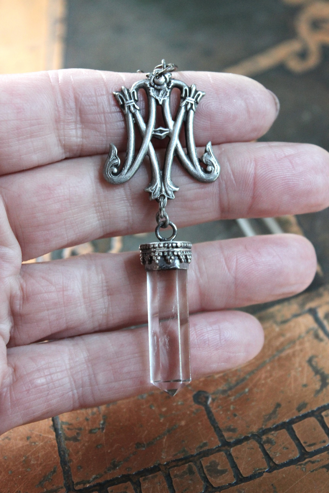 Ave Maria Earrings with Intricate Freres Brothers AM Medals,Sterling Capped Clear Quartz Points,Sterling Handwrought Earrings Hooks