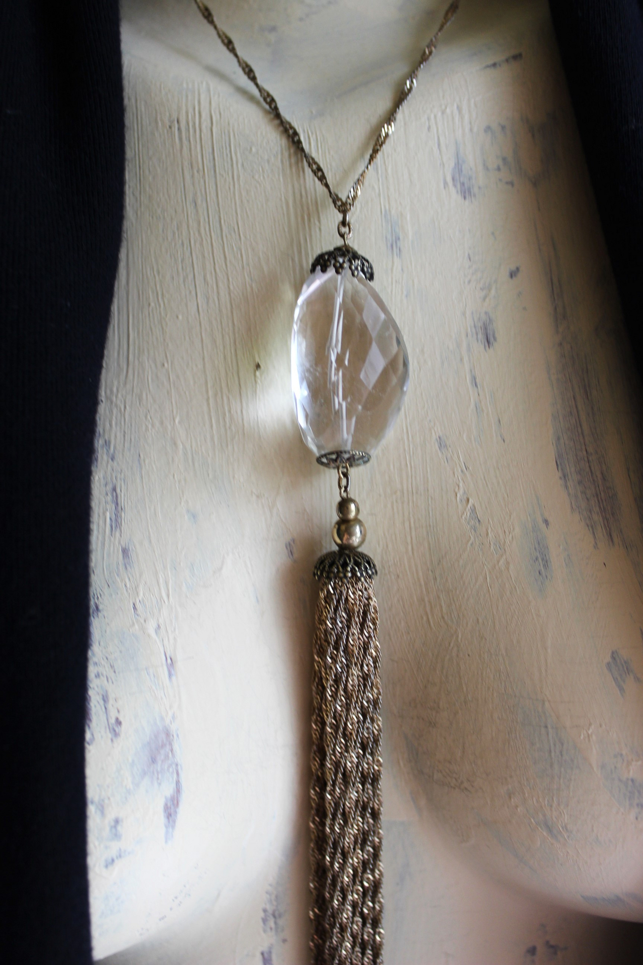 RESERVED FOR J It's your Light Necklace with Amazing Faceted Rock Quartz Crystal Stone and Long Multi Chain Tassel