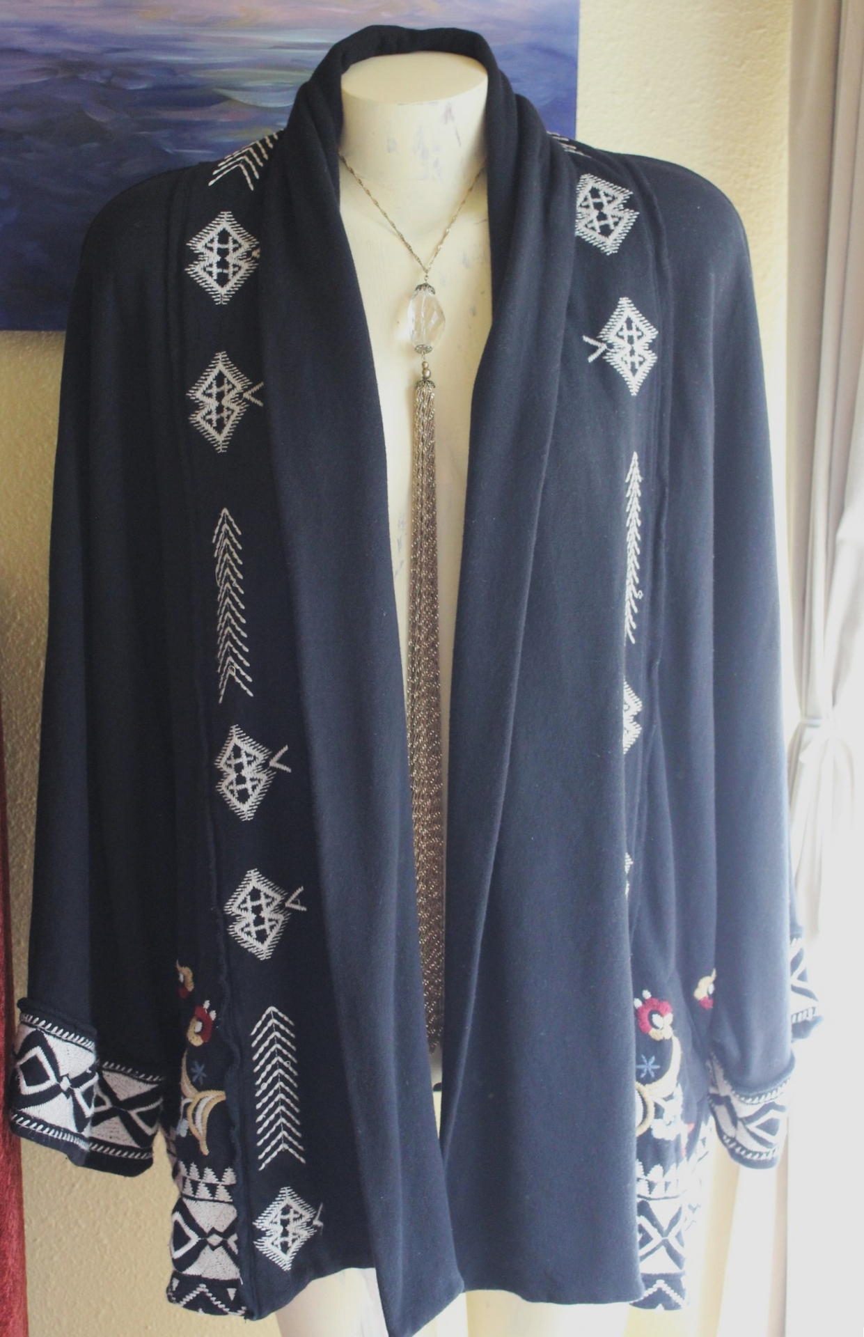 Vintage JWLA Johnny Was Open Front Jacket - Black with Embroidery,Front Slash Pockets and Kimono Sleeves