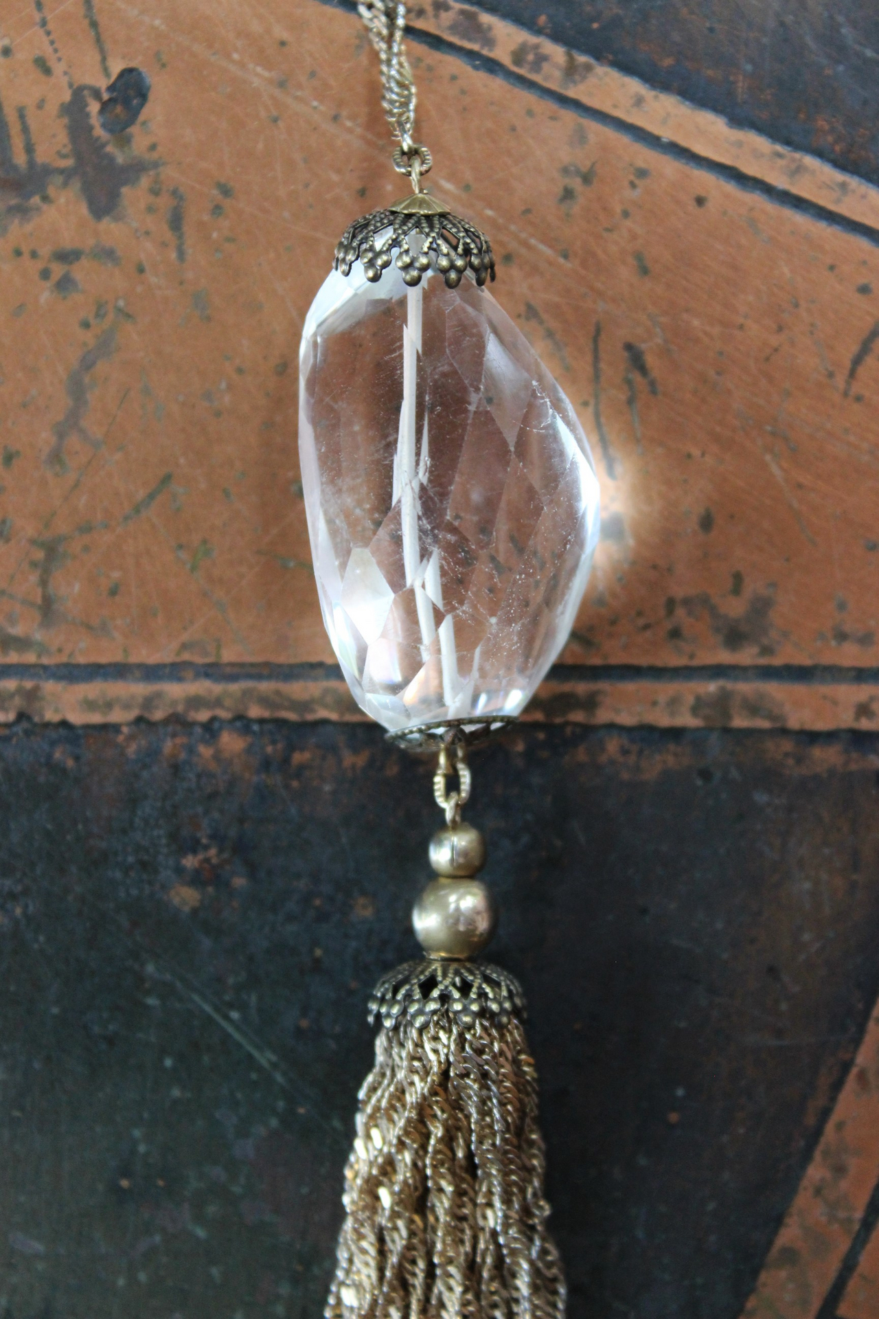 RESERVED FOR J It's your Light Necklace with Amazing Faceted Rock Quartz Crystal Stone and Long Multi Chain Tassel