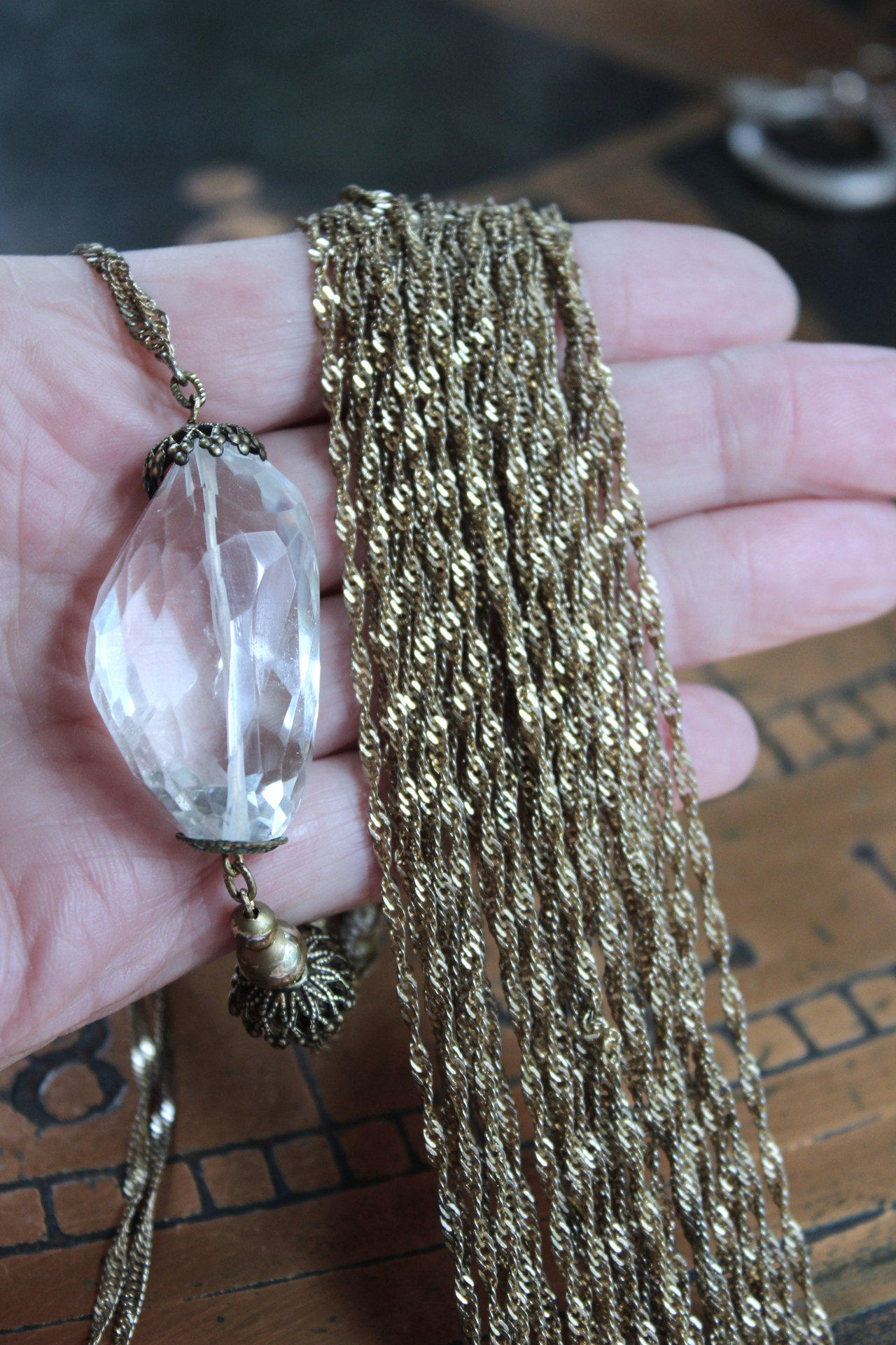RESERVED FOR J It's your Light Necklace with Amazing Faceted Rock Quartz Crystal Stone and Long Multi Chain Tassel
