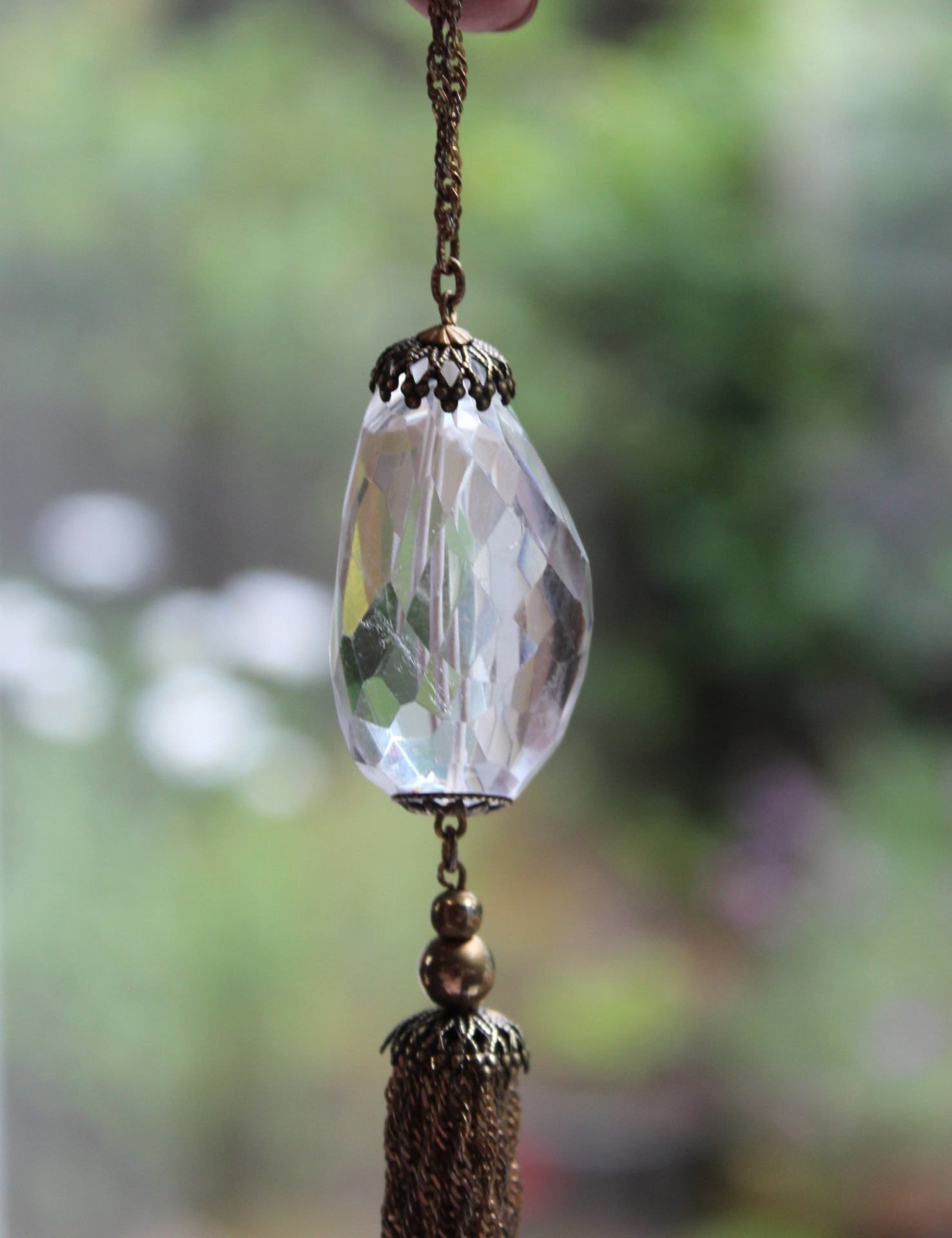 RESERVED FOR J It's your Light Necklace with Amazing Faceted Rock Quartz Crystal Stone and Long Multi Chain Tassel