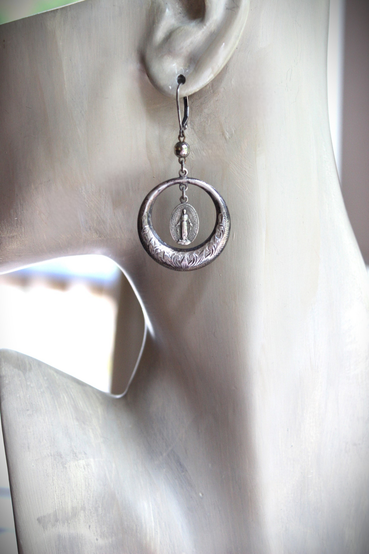 Beautiful Antique French Engraved Sterling Hoop Earrings with Tiny Antique French Marian Medals, Sterling Beads and Sterling Lever back Earring Wires