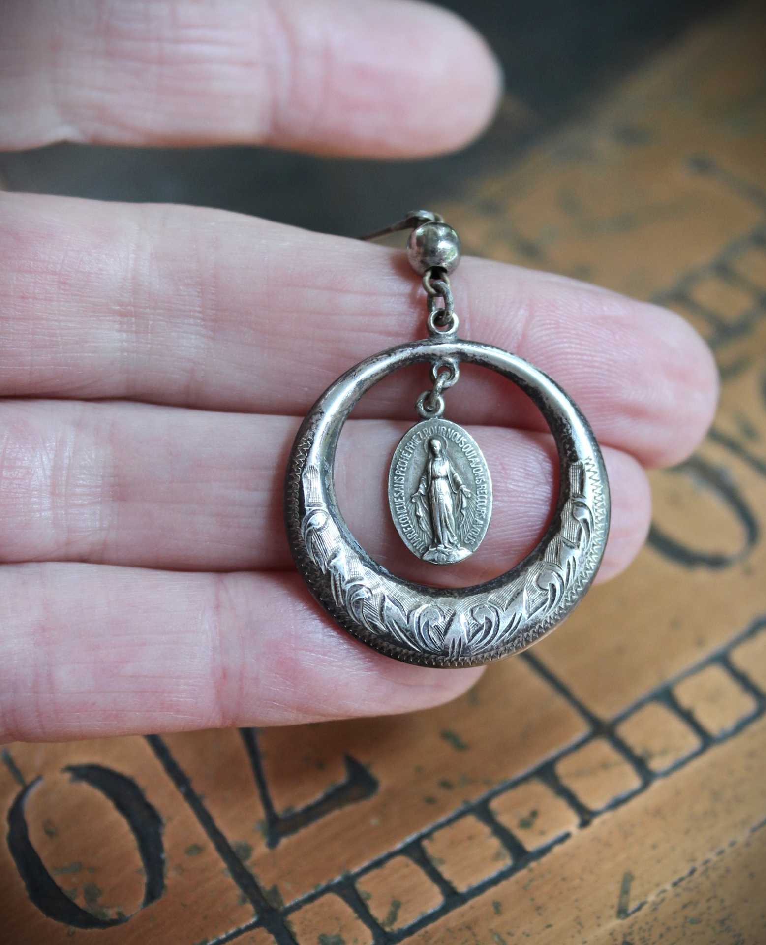 Beautiful Antique French Engraved Sterling Hoop Earrings with Tiny Antique French Marian Medals, Sterling Beads and Sterling Lever back Earring Wires