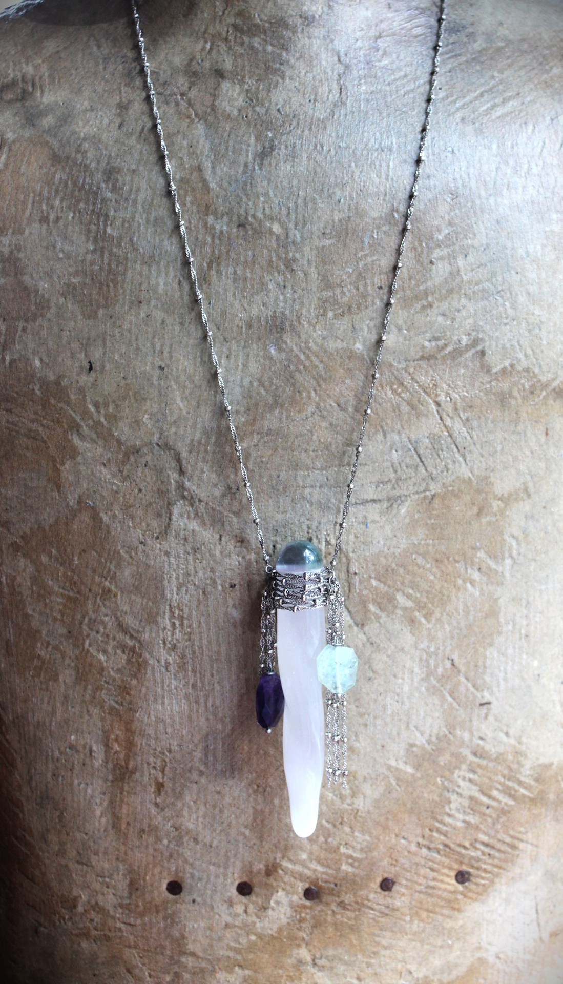 NEW! I Wish I could Show You Necklace with Fluorite Capped Selenite Wand, Faceted Fluorite Stones, Silver Bead Point Chain and Fringe