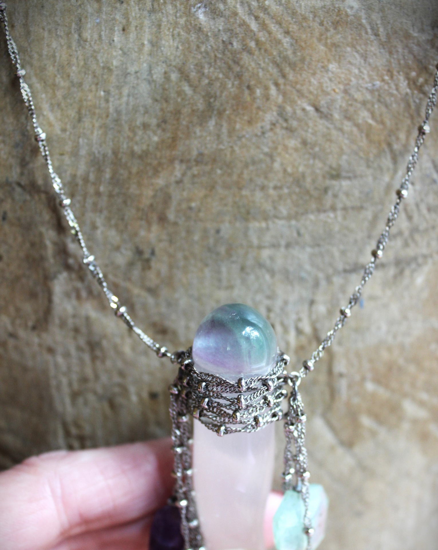NEW! I Wish I could Show You Necklace with Fluorite Capped Selenite Wand, Faceted Fluorite Stones, Silver Bead Point Chain and Fringe