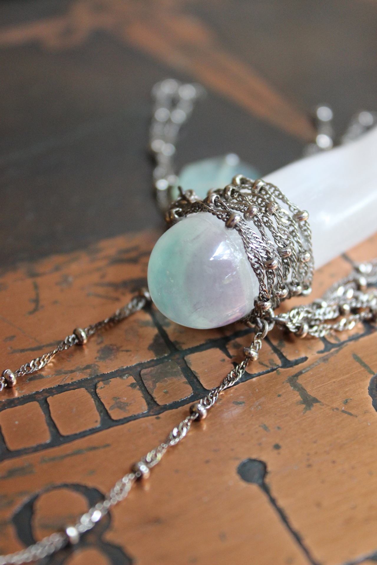 NEW! I Wish I could Show You Necklace with Fluorite Capped Selenite Wand, Faceted Fluorite Stones, Silver Bead Point Chain and Fringe