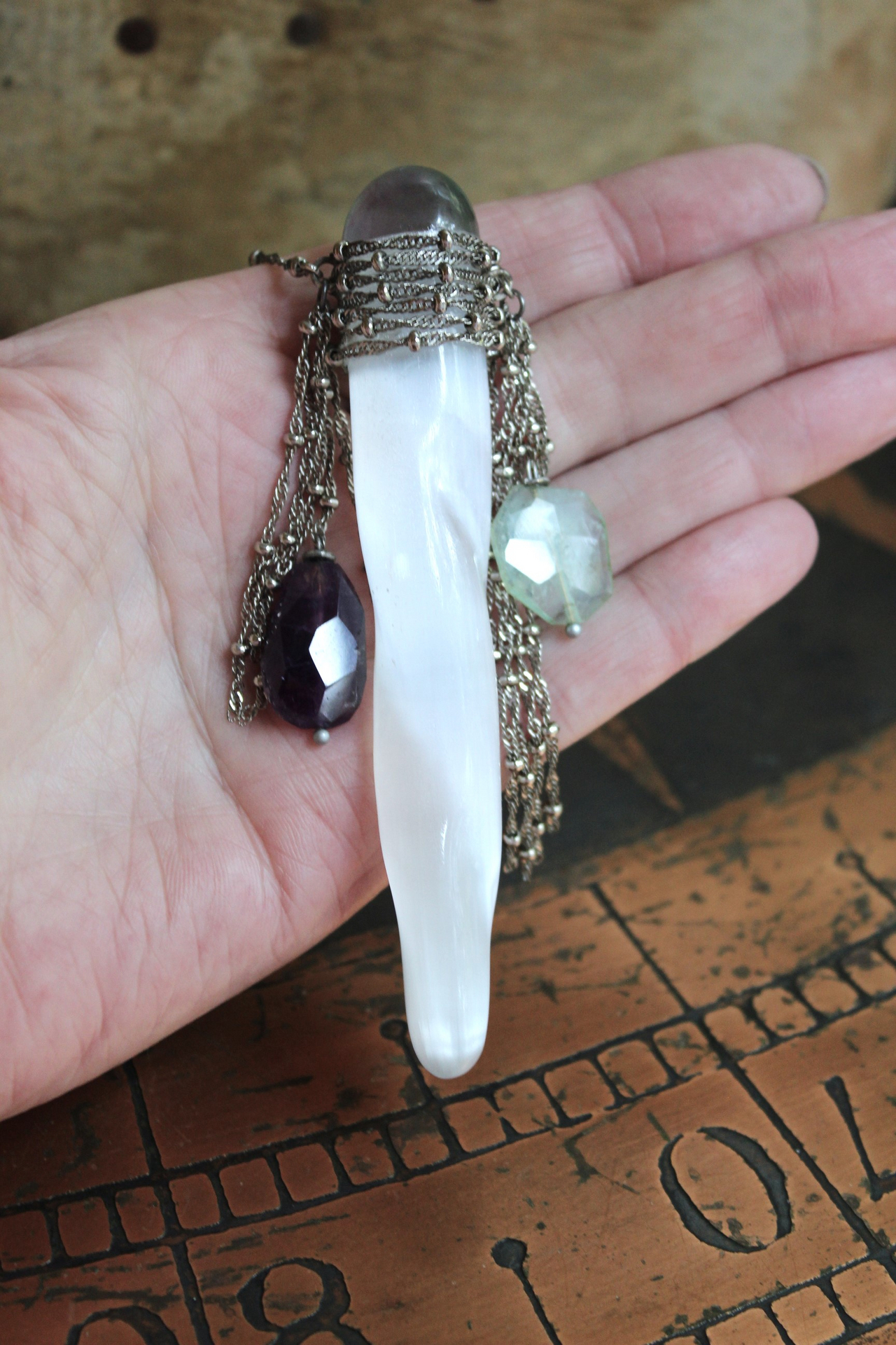 NEW! I Wish I could Show You Necklace with Fluorite Capped Selenite Wand, Faceted Fluorite Stones, Silver Bead Point Chain and Fringe