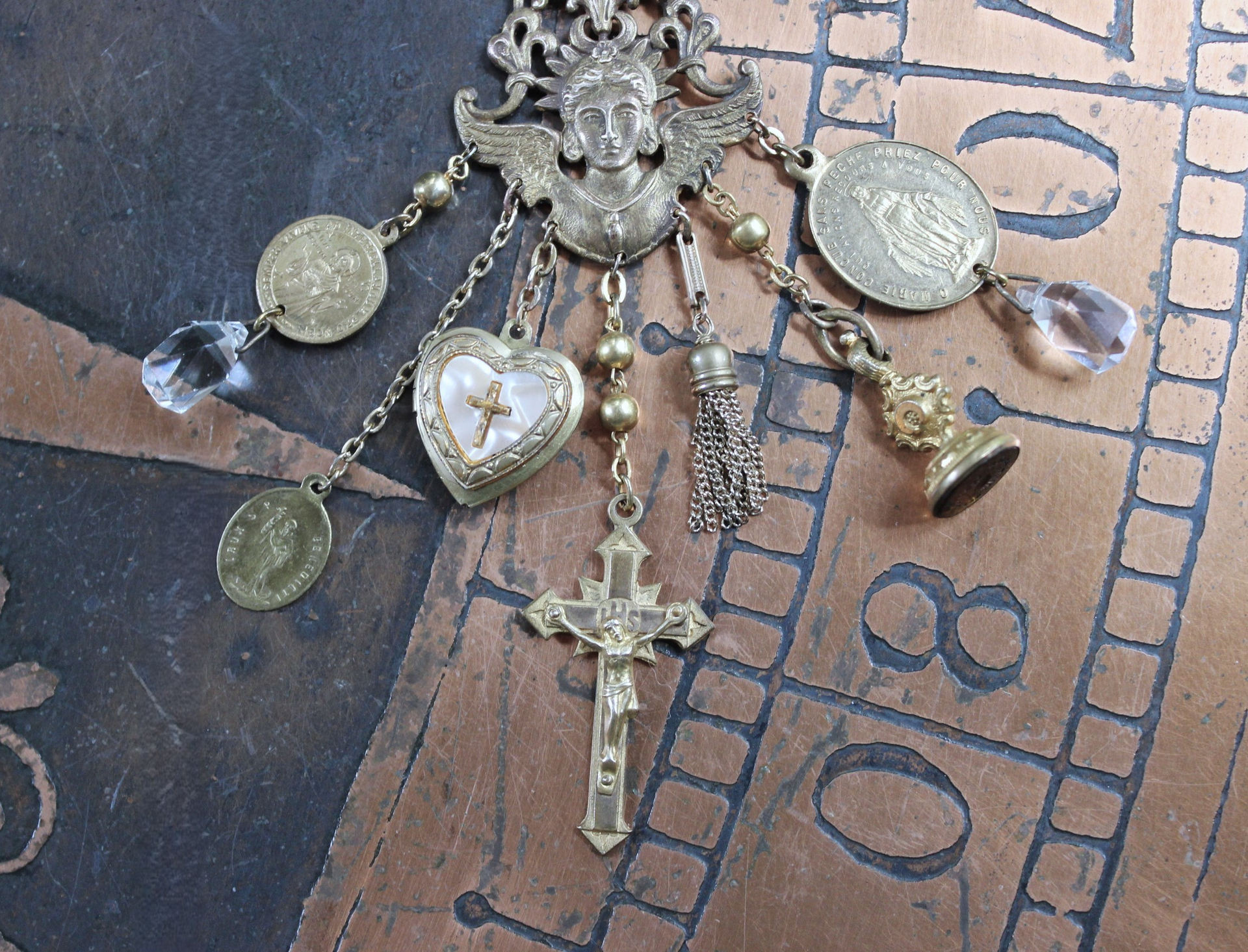 Watch Over You Necklace with Unique Angel Finding,RARE All Seeing Eye Gilt Wax Seal,Antique Medals,Vintage Heart Locket,Faceted Rock Crystal Drops & More!