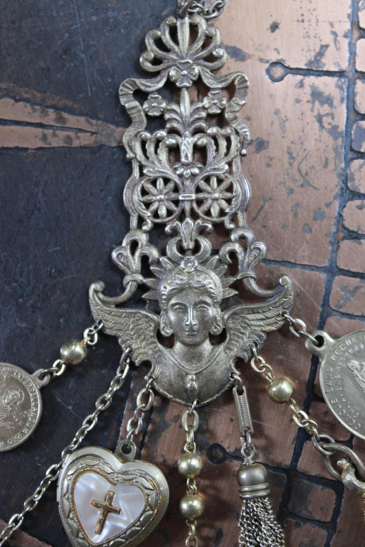 Watch Over You Necklace with Unique Angel Finding,RARE All Seeing Eye Gilt Wax Seal,Antique Medals,Vintage Heart Locket,Faceted Rock Crystal Drops & More!