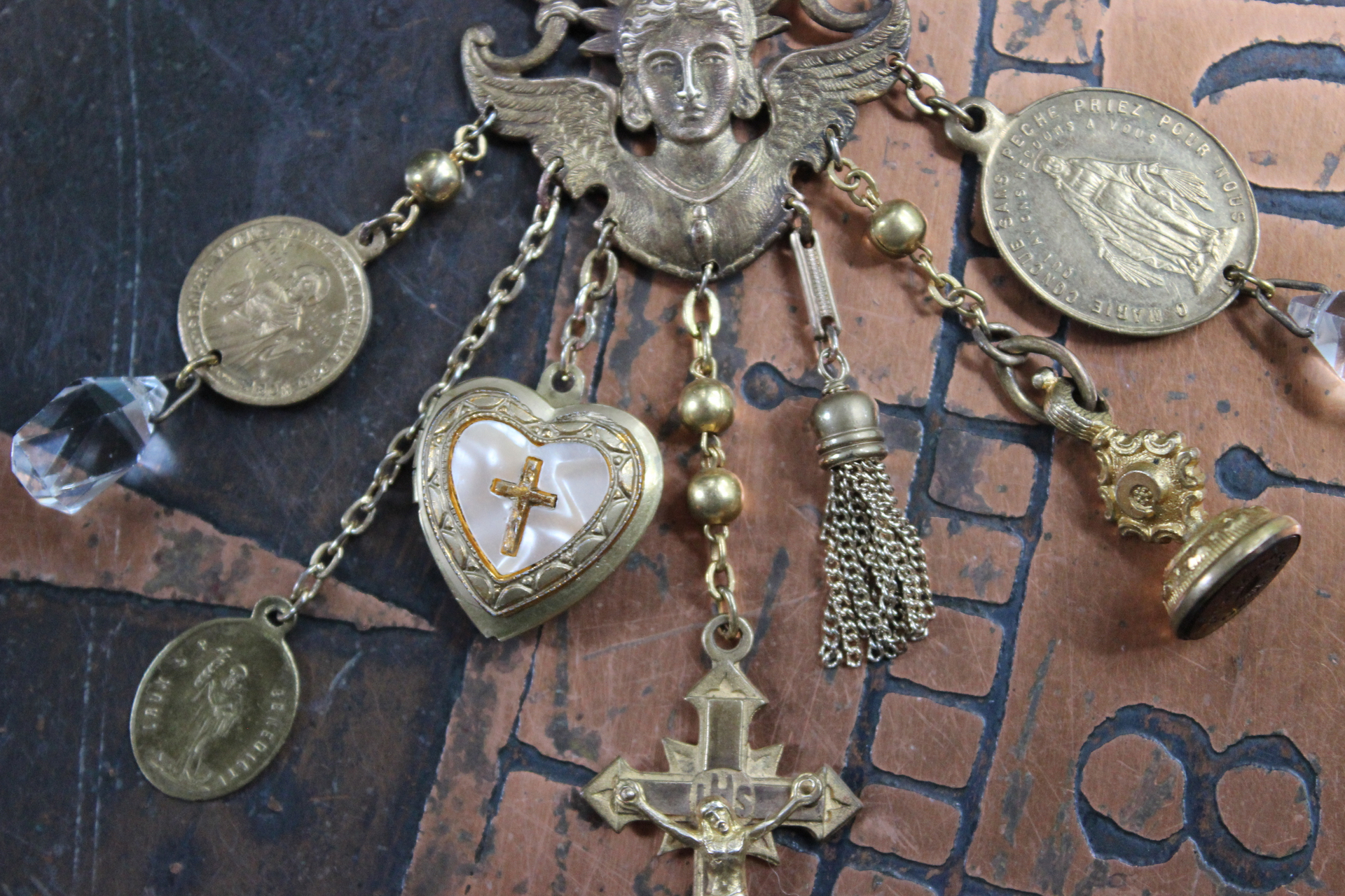 Watch Over You Necklace with Unique Angel Finding,RARE All Seeing Eye Gilt Wax Seal,Antique Medals,Vintage Heart Locket,Faceted Rock Crystal Drops & More!