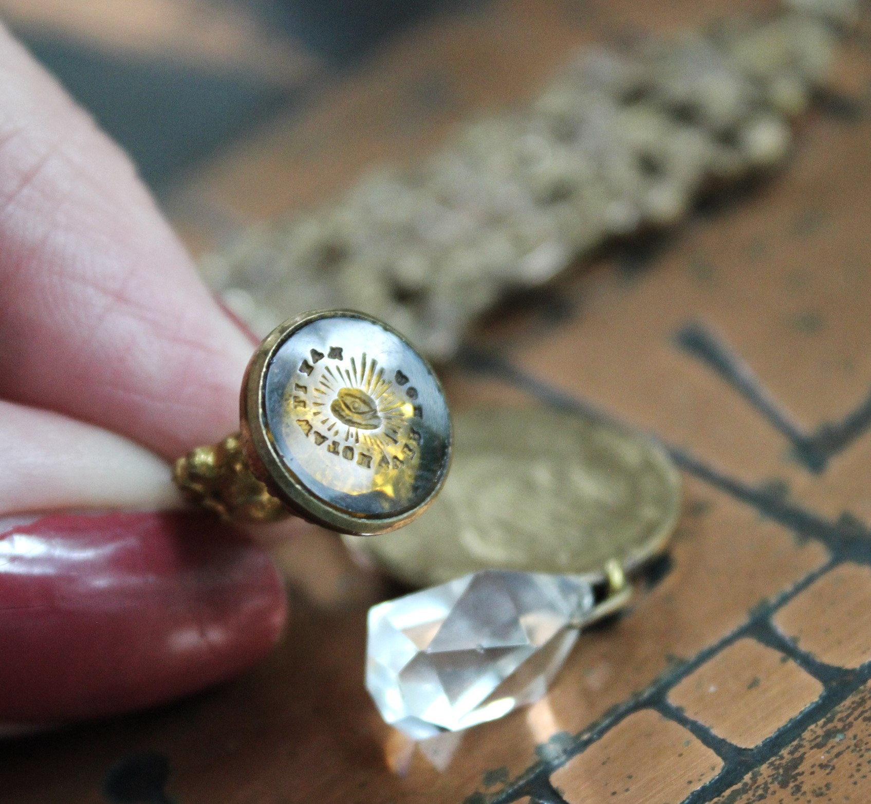 Watch Over You Necklace with Unique Angel Finding,RARE All Seeing Eye Gilt Wax Seal,Antique Medals,Vintage Heart Locket,Faceted Rock Crystal Drops & More!