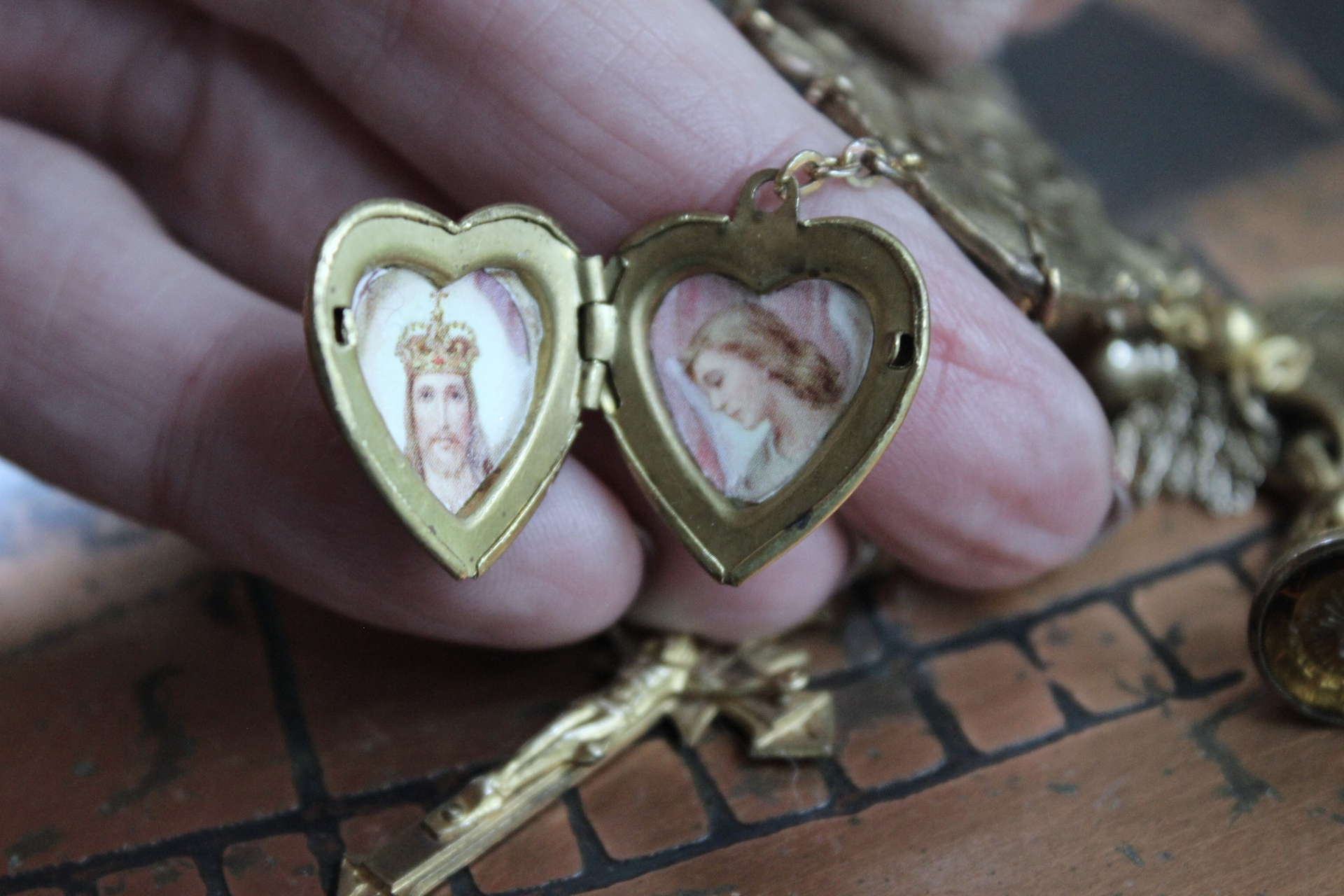 Watch Over You Necklace with Unique Angel Finding,RARE All Seeing Eye Gilt Wax Seal,Antique Medals,Vintage Heart Locket,Faceted Rock Crystal Drops & More!